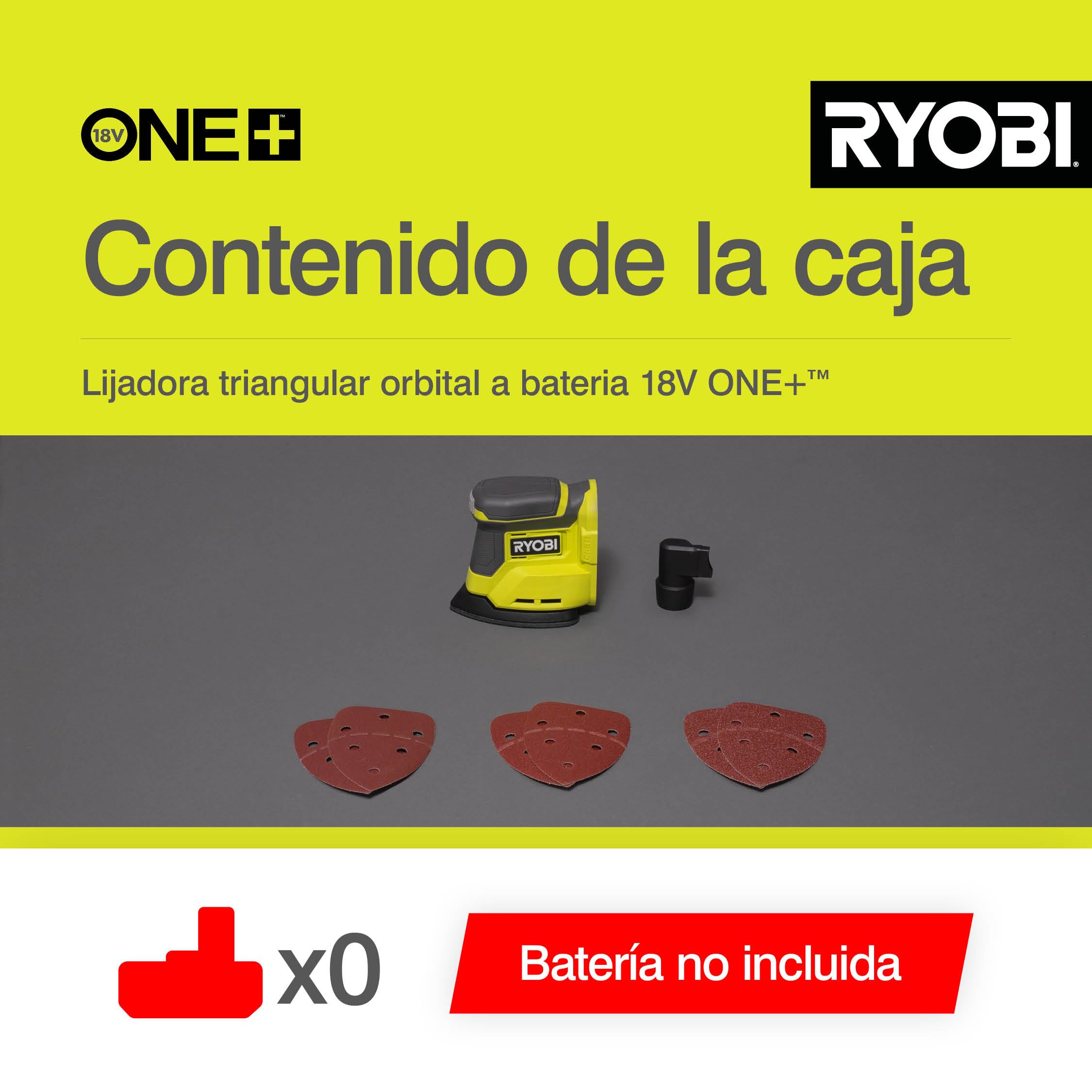 RYOBI - Lijadora Triangular 18V ONE+ - base de lijado 100x140mm, Boquilla de Aspiración - Ø Oscilación 1,8mm, 22000osc/min - para Acabados Finos/Pintura - 6 Abrasivos, sin Batería, Cargador - RPS18-0