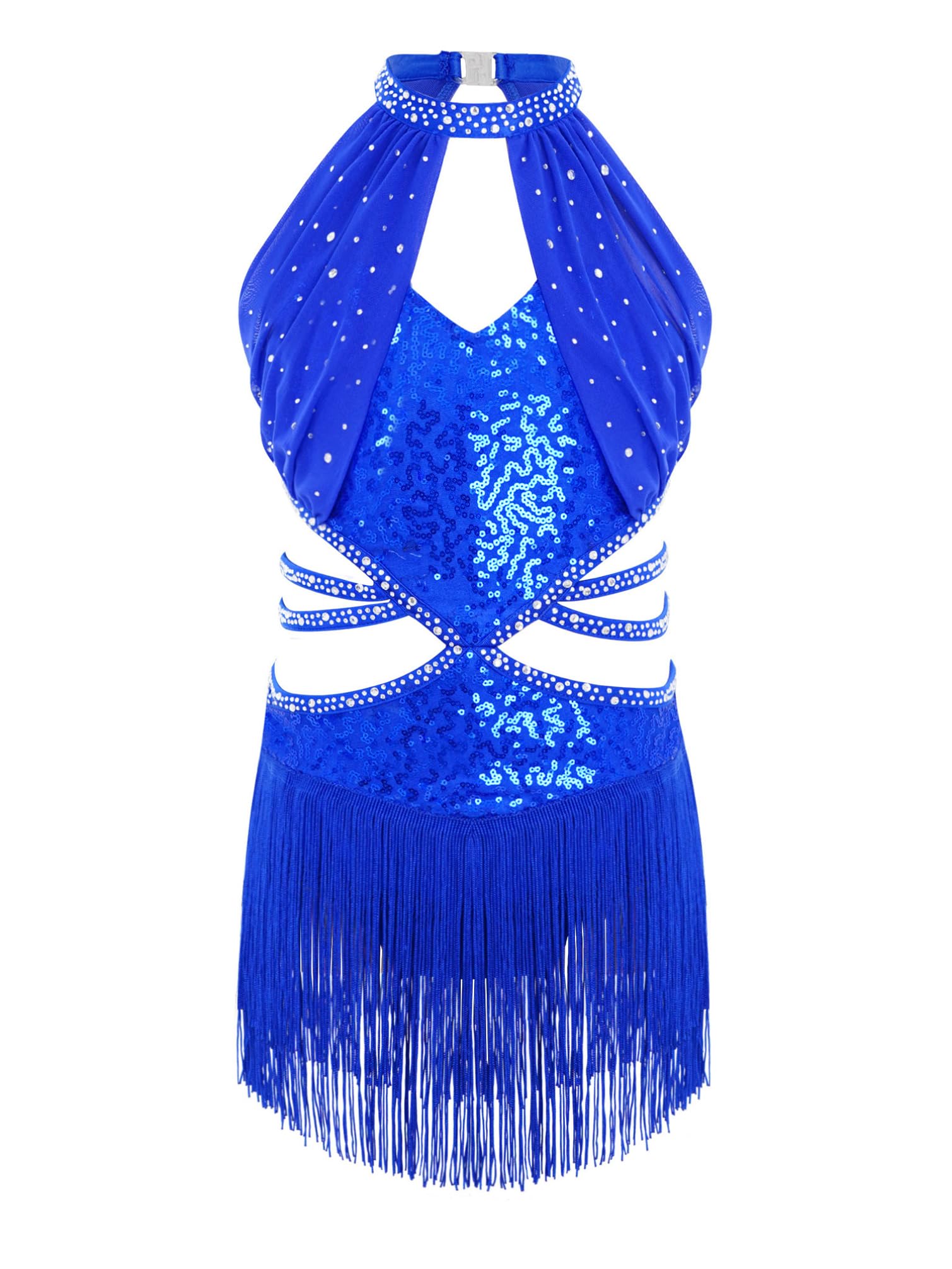 TiaoBug Costume da Ballo Latino Americano Tango Bambina con Frange Paillettes Vestito da Danza Classica Moderna con Nappe Strass Abito da Pattinaggio Artistico Lucido