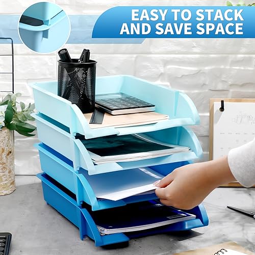 Miniatura 4 de ReliThick Bandejas de papel apilables para bandejas de cartas de escritorio, bandeja organizadora de archivos de plástico para soporte de papel A4,