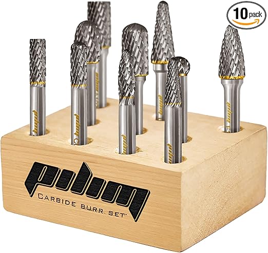 Tungsten Carbide Burr Set 1/4" Shank 10PC Double Cut Rotary Cutting Burrs Die Grinder Bits for Steel and Wood Working, Grinding, Carving, and Engraving