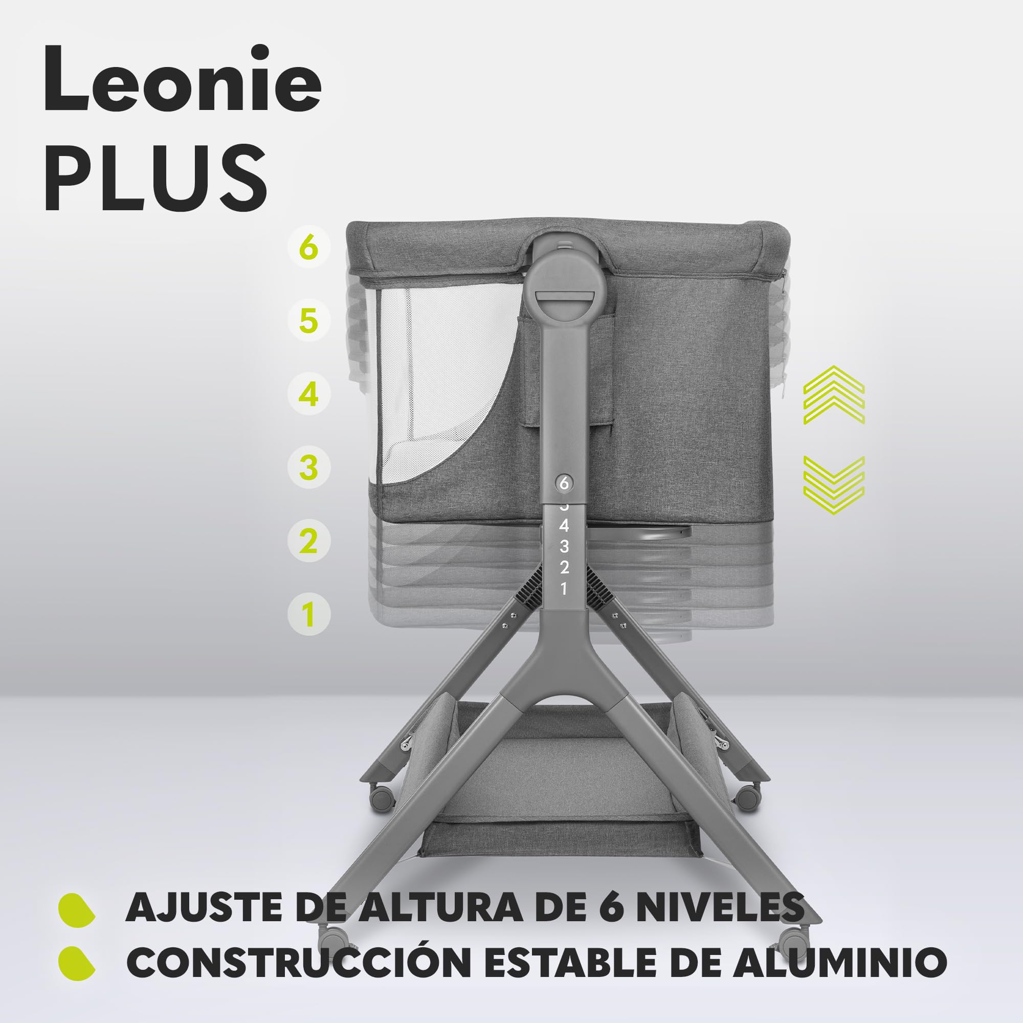 lionelo Leonie Plus 3 en 1 Cama de bebé Independiente hasta 9 kg, Cama supletoria y Cuna, Ajuste de Altura, Panel Lateral con ventilación, Panel Lateral Desmontable, Ruedas con Freno, Cesta Grande