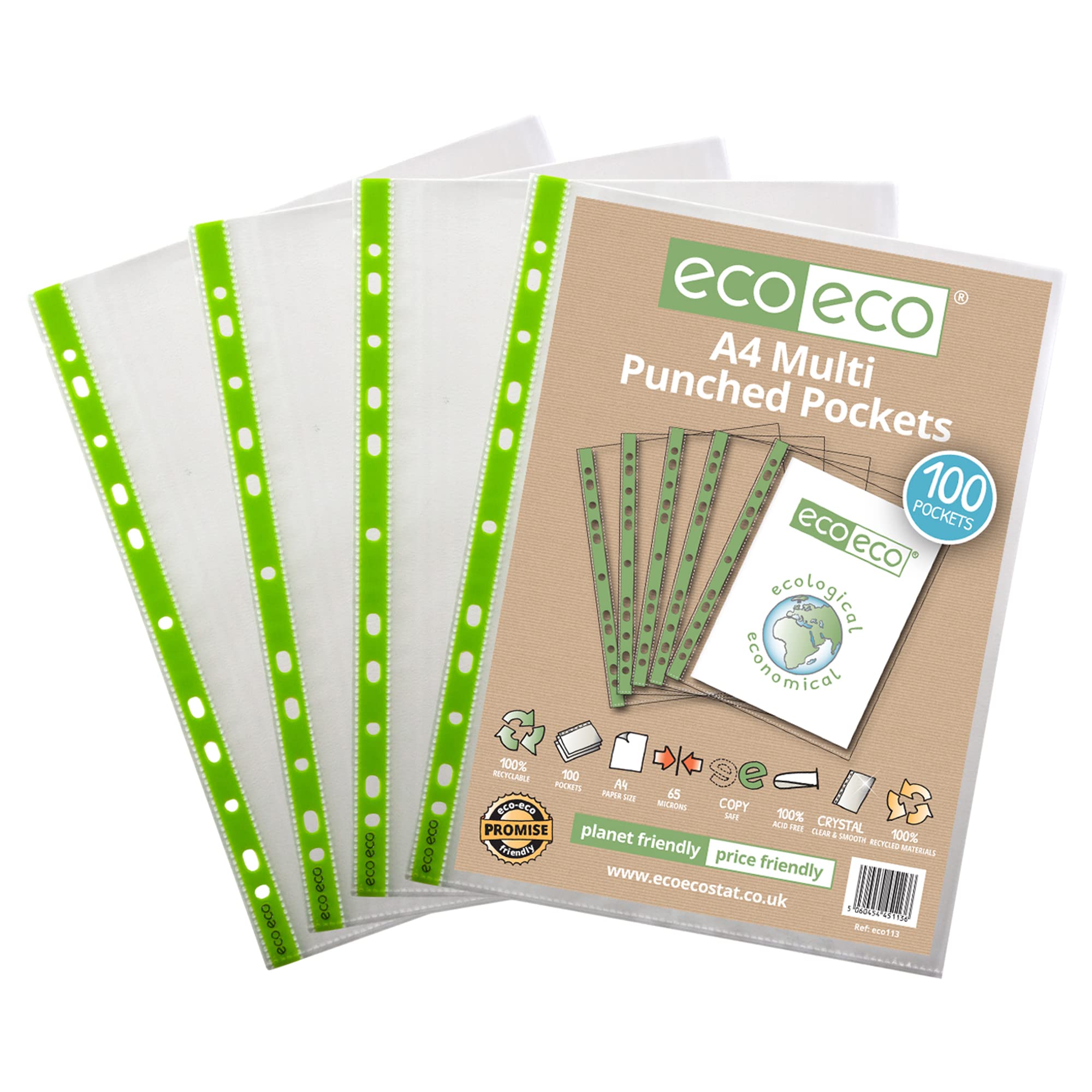 eco-eco A4 100% Recycled Premier Multi Punched Pockets Glass Clear, Transparent Poly Wallet Sheet Protector, 65 Microns (2 Packs of 100), 200 Wallets, eco113x2