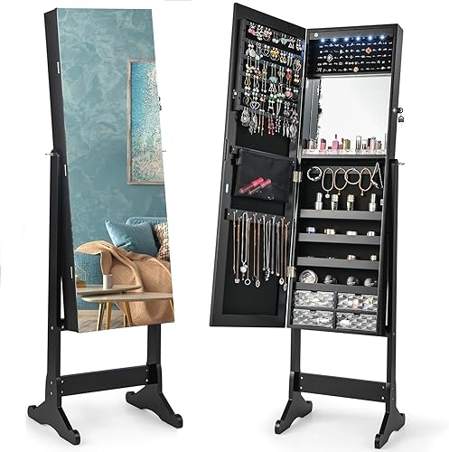 CHARMAID Armario de joyería de 6 LED con espejo de longitud completa de alto organizador de joyas con cerradura con bandeja de lápiz labial espejo