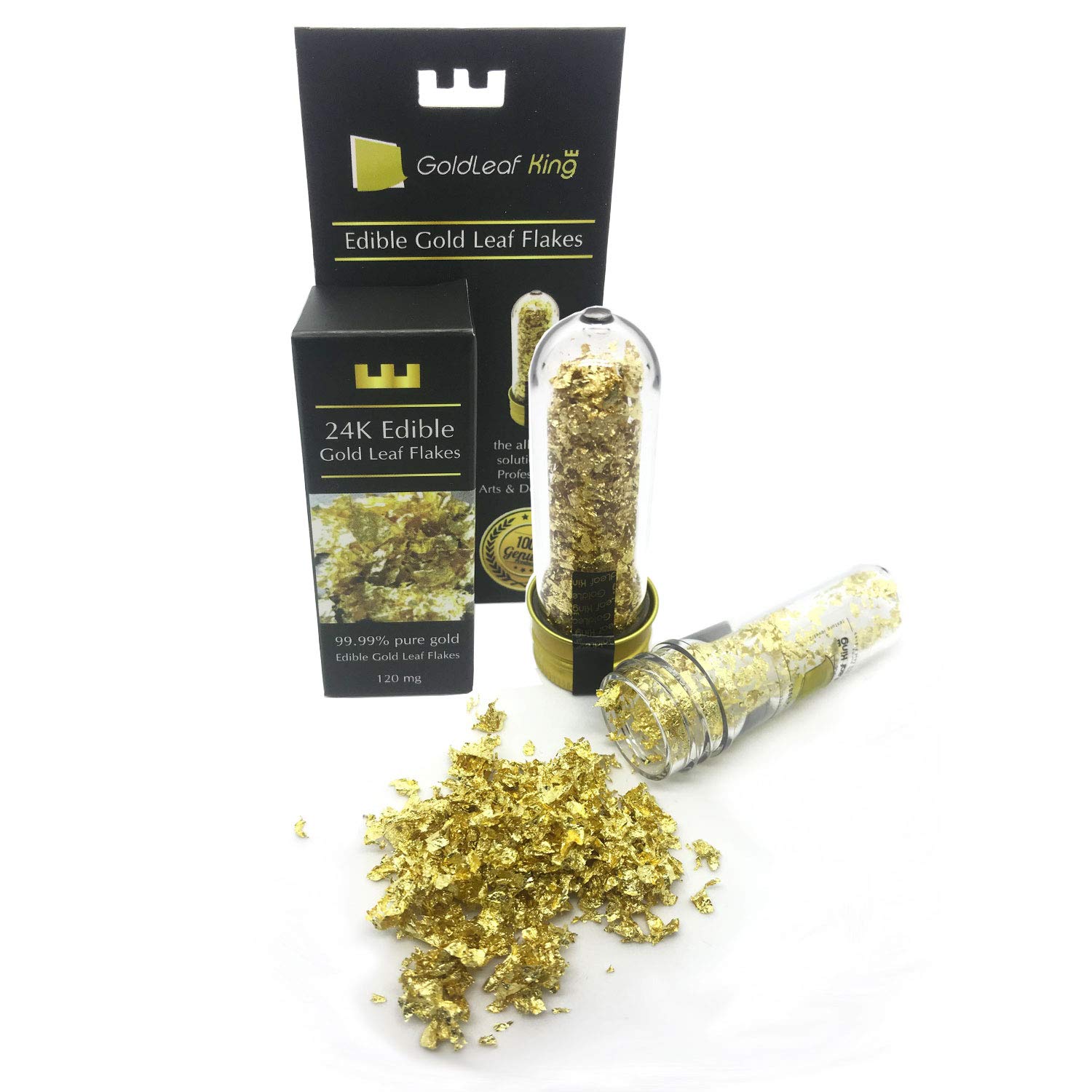 Goldleafking 99.99% Purity Edible Gold Leaf Flakes - 120mg Bottle (Texture Level: 2) Multi-Purpose + 1 Free Precision Tweezer texture level 2: Medium particle GLK_EFA103