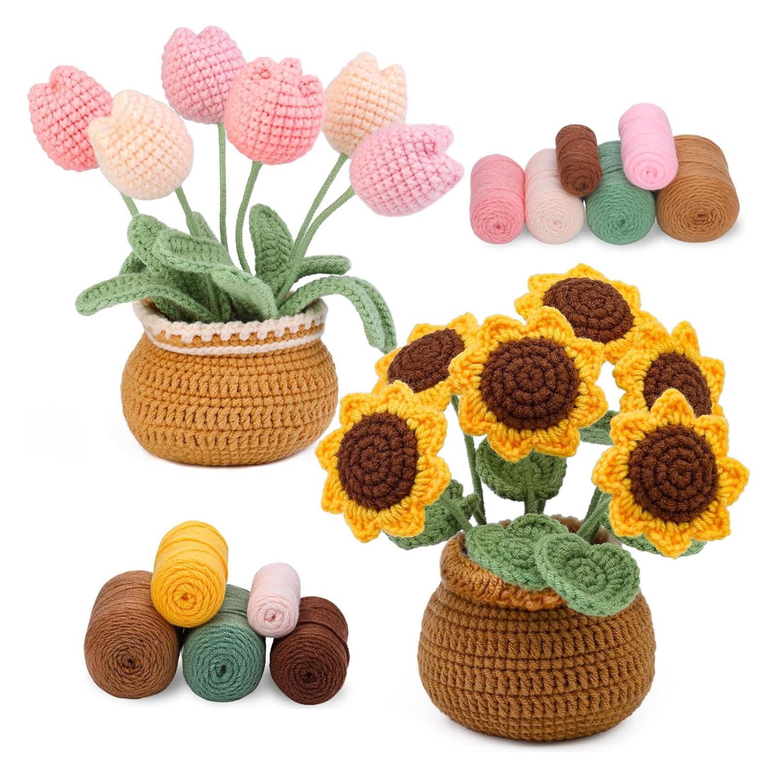 U-HOOME Sunflower&Tulip Crochet Starter Kit, Knitting Kit for Beginner, Crochet Kit for Complete Beginners Adults, Crocheting Knitting Kit with Step-by-Step Video Tutorials，DIY Knitting Supplies