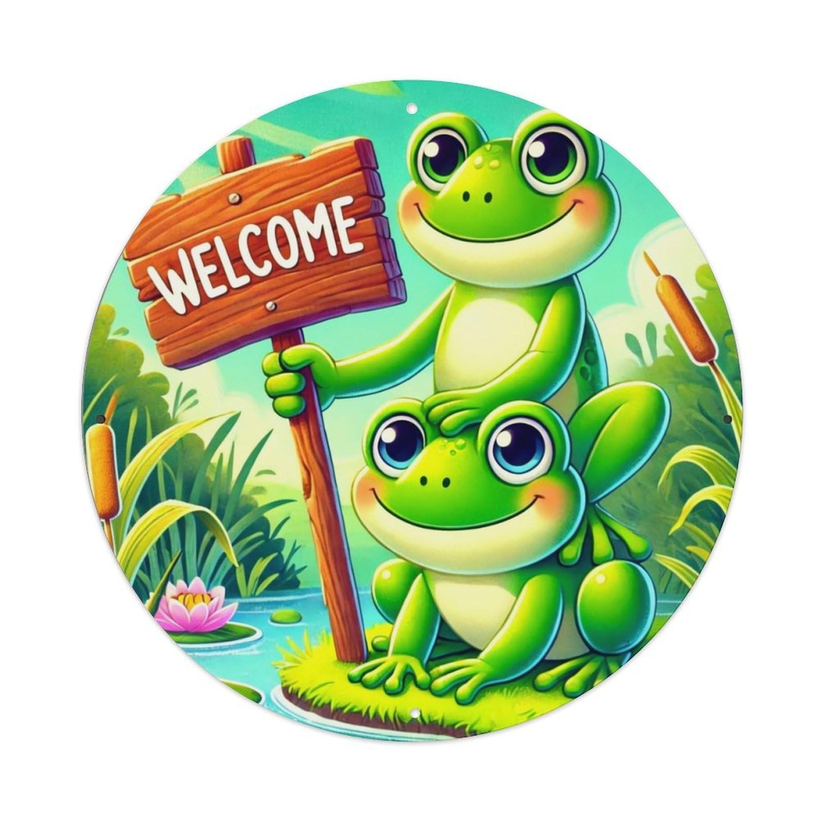 Frogs Welcome Sign Pond Nature Retro Metal Sign Round Tin Sign, Vintage Decor Art Poster for Bar, Home, Man Cave, Kitchen, Laundry Room Gift 8x8Inch