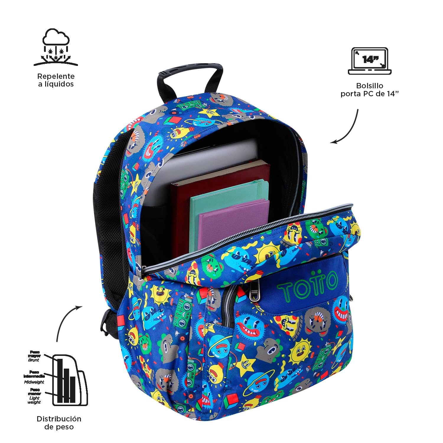 TOTTO - Mochila Escolar Adaptable a Carro, Modelo Acuareles, Capacidad 20 L, Bolsillo para Pc 14", 2 Bolsillo Botella, Espaldar Ergonómico con Flujo de Aire, Cómodas Correas en S, Estampado Tello
