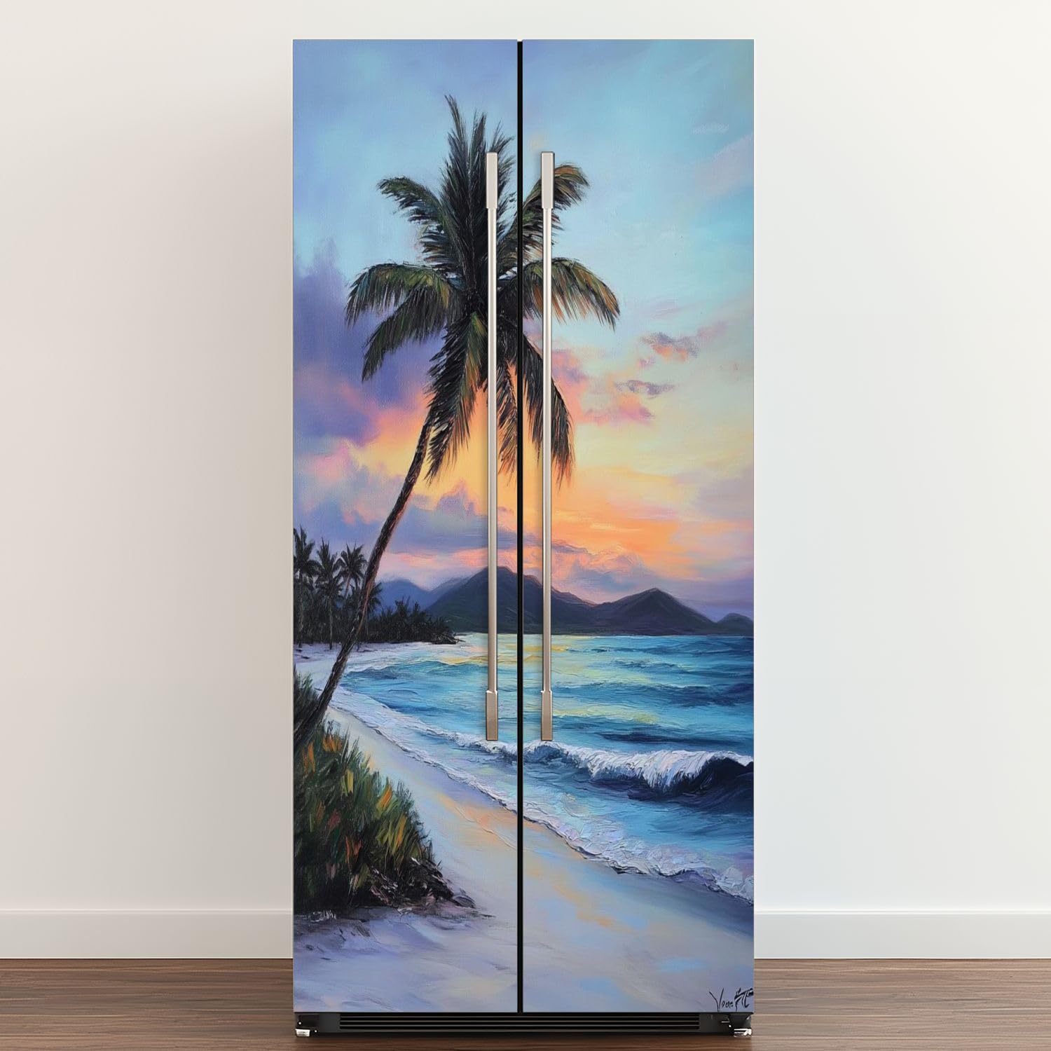 Self Adhesive Vinyl Refrigerator Wrap Seascape Tropical Palm Tree Beach Blue Ocean Sea Wave Scenery Trees Door Mural Sticker Peel and Stick Removable