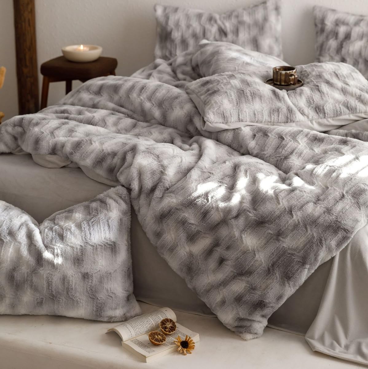 Sedefen Peluche Housse De Couette 200 X 200cm Blanc Flanelle Polaire Sherpa Parure De Lit 2 Personnes Hiver Chaude Réversible Shaggy Linge De Lit Avec Fermeture Éclair Et 2 Taie D'oreiller 65x65cm