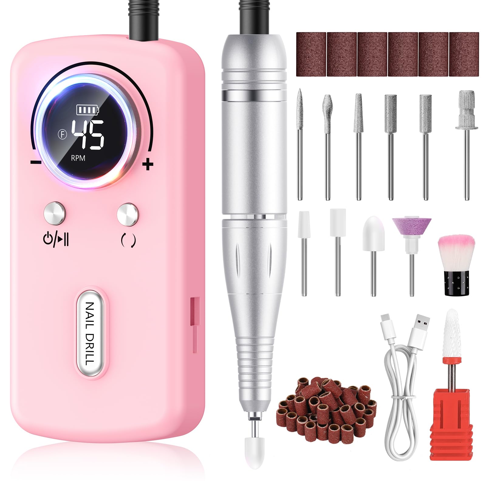 PKBD 45000 u/m Professionelle tragbare Nagelfräser Maschine für Acryl- und Gelnägel, wiederaufladbares elektrisches Nagelfeilen-Set mit 11 Bits und LCD-Display für Salon, Zuhause und Heimwerker, Pink