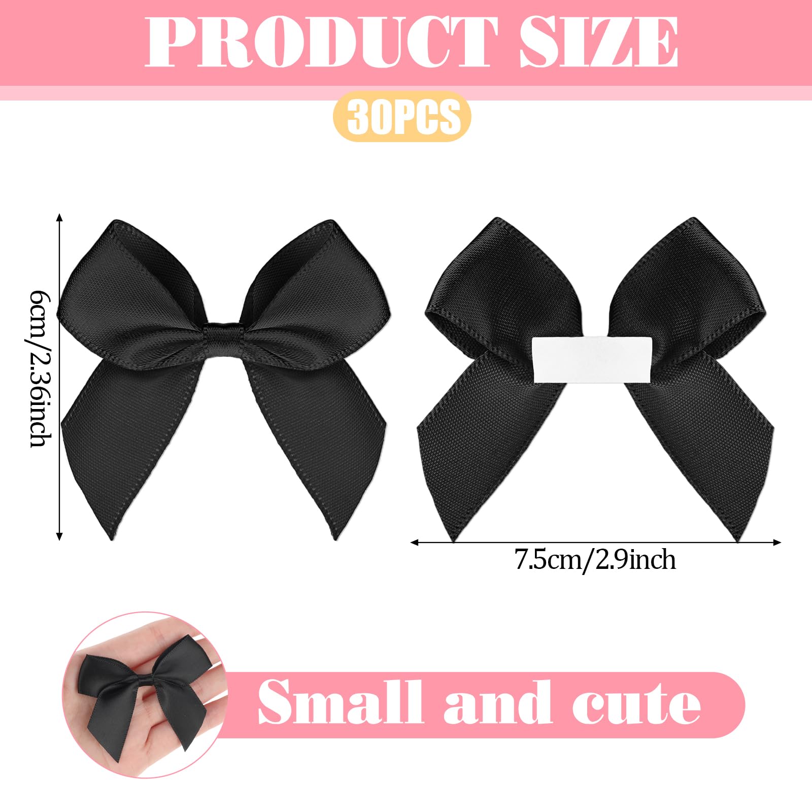 30 Stück Schwarz Schleifen Satinband Selbstklebend Handgefertigte Deko Schleifen für DIY Handwerk Hochzeit Weihnachten Valentinstag Dekoration Karte Herstellung von Verzierungen, 5 cm Breite
