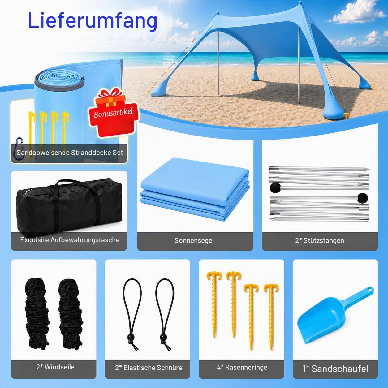 Strandzelt mit Strandmatte, LSF 50+ Hochschutz, 2x2x2m, Himmelblau