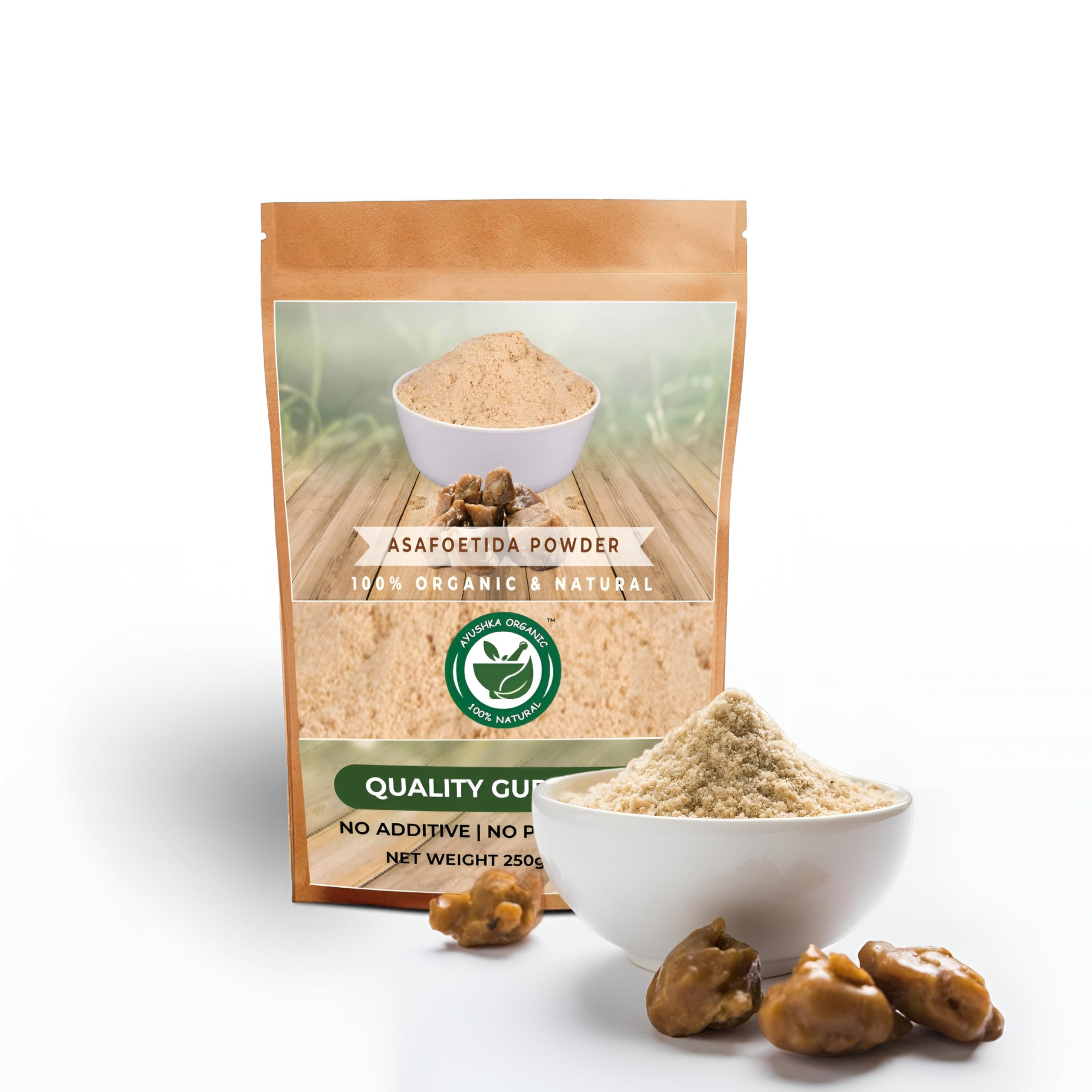 AYUSHKA ORGANIC Asafoetida Powder | Natural Heeng Spice | Healthy Digestive Aid (8.8 OZ / 250 gm) | Best for Onion Garlic Substitute