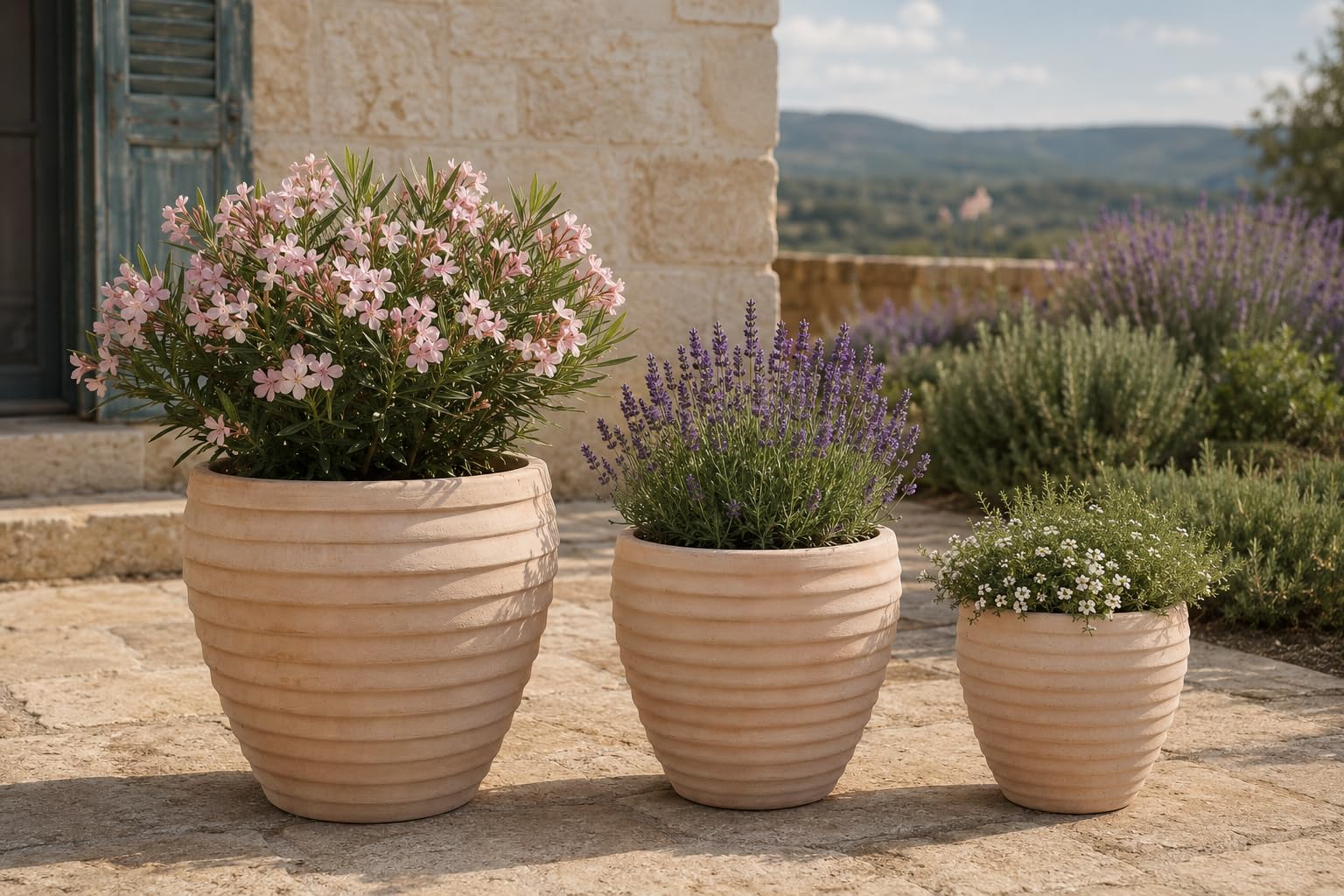 Terracotta Pflanzkübel Stripes Mediterran Blumentopf Garten Terasse Indoor & Outdoor Frostfest (3er Sparset)