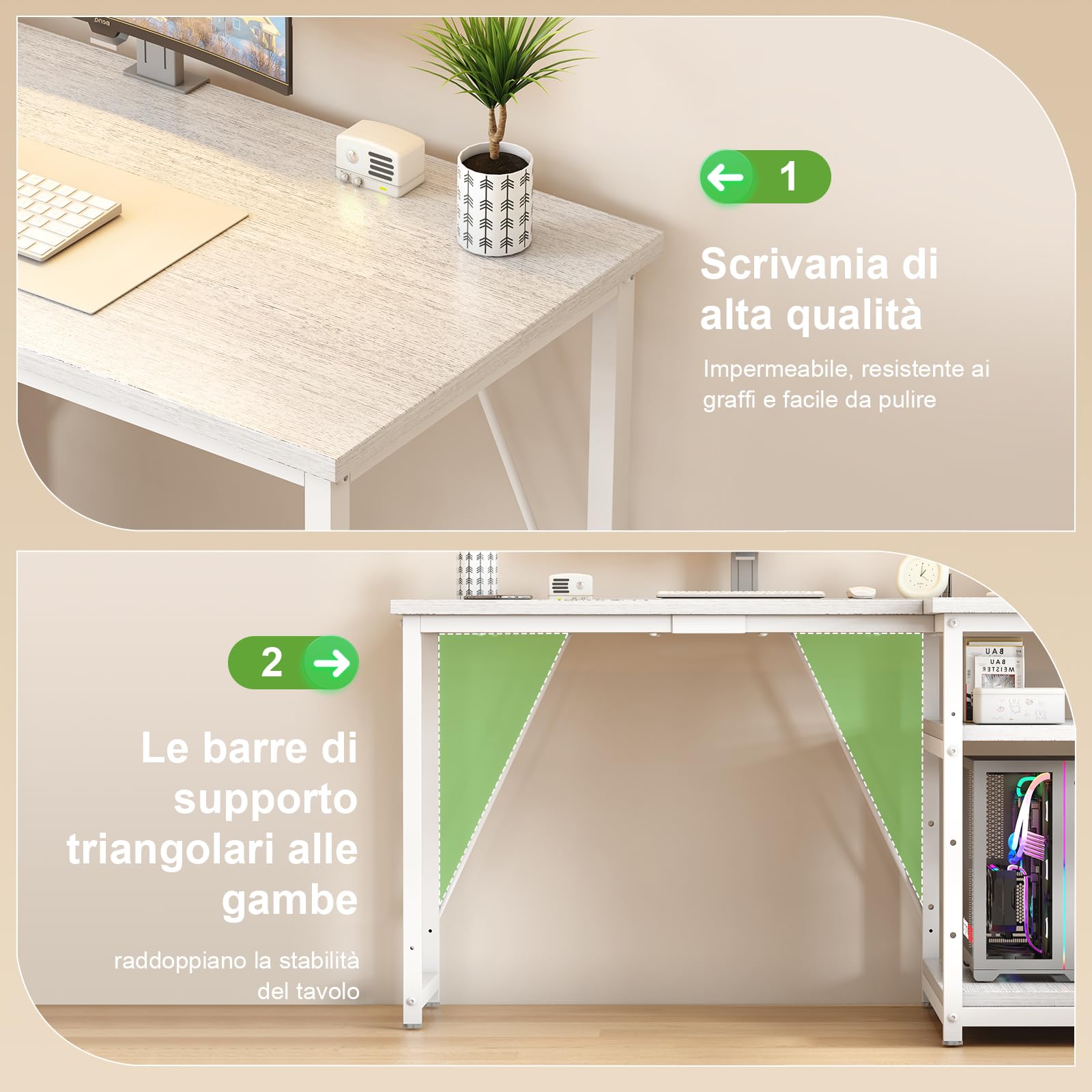 TRIUMPHKEY Scrivania ad Angolo Reversibile 100 x 80cm, Scrivania a Forma di L con Ripiani,Tavolo da Lavoro,Struttura in Acciaio, per Computer, Ufficio, Studio and Soggiorno, Bianco