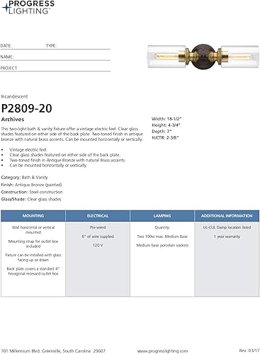 Miniatura 17 de Archives Collection - Lámpara de tocador de baño de cristal transparente con 2 luces, bronce antiguo