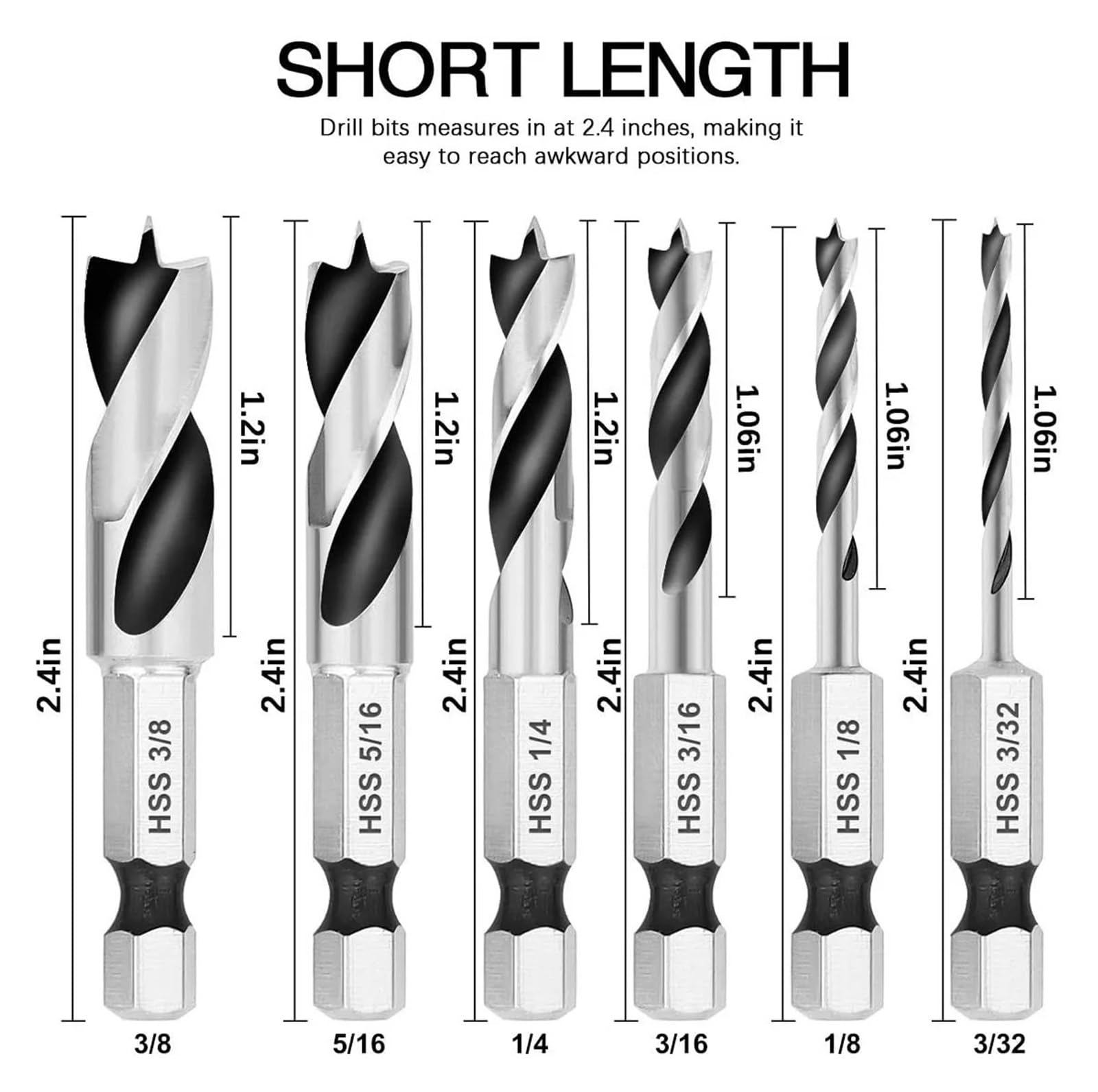 Juego de brocas for carpintería con mango Hexagonal, 6 uds., 3/32 ", 1/8", 3/16 ", 1/4", 5/16 ", 3/8", brocas for herramienta eléctrica de escariado de agujeros de madera