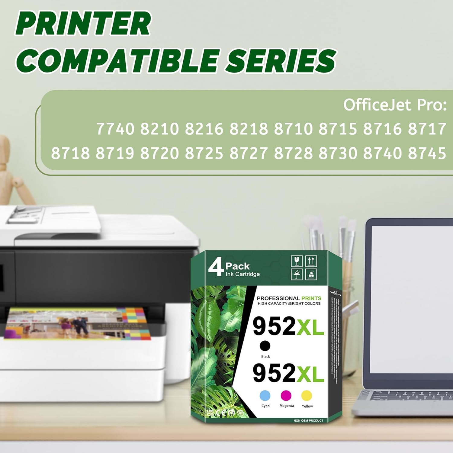 952XL High-Yield Ink Cartridges (4-Pack, Black/Cyan/Magenta/Yellow) - Compatible Ink Replacement for HP OfficeJet Pro 7740 8210 8216 8218 8710 8715 8716 8717 8719 8720 8725 Printer