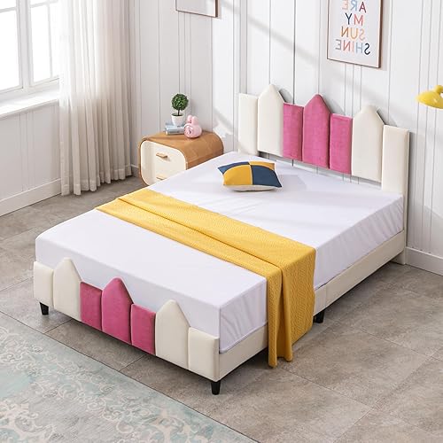 Base de cama para niños, plataforma de cama individual con cabecera tapizada y estribo, soporte de listones de madera, marco de cama para niños