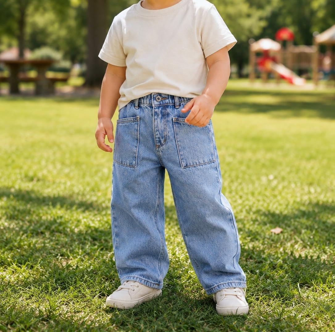 KIDSCOOL Toddler Girls Boys Elastic Waist Jeans Casual Washed Denim Pants