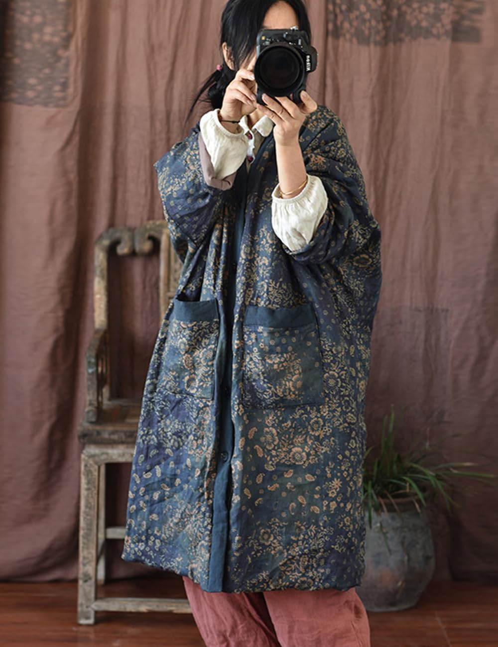 NFYM Giacche lunghe da donna Capispalla invernale al ginocchio stampato vintage patchwork allentato trapuntato giacche leggere