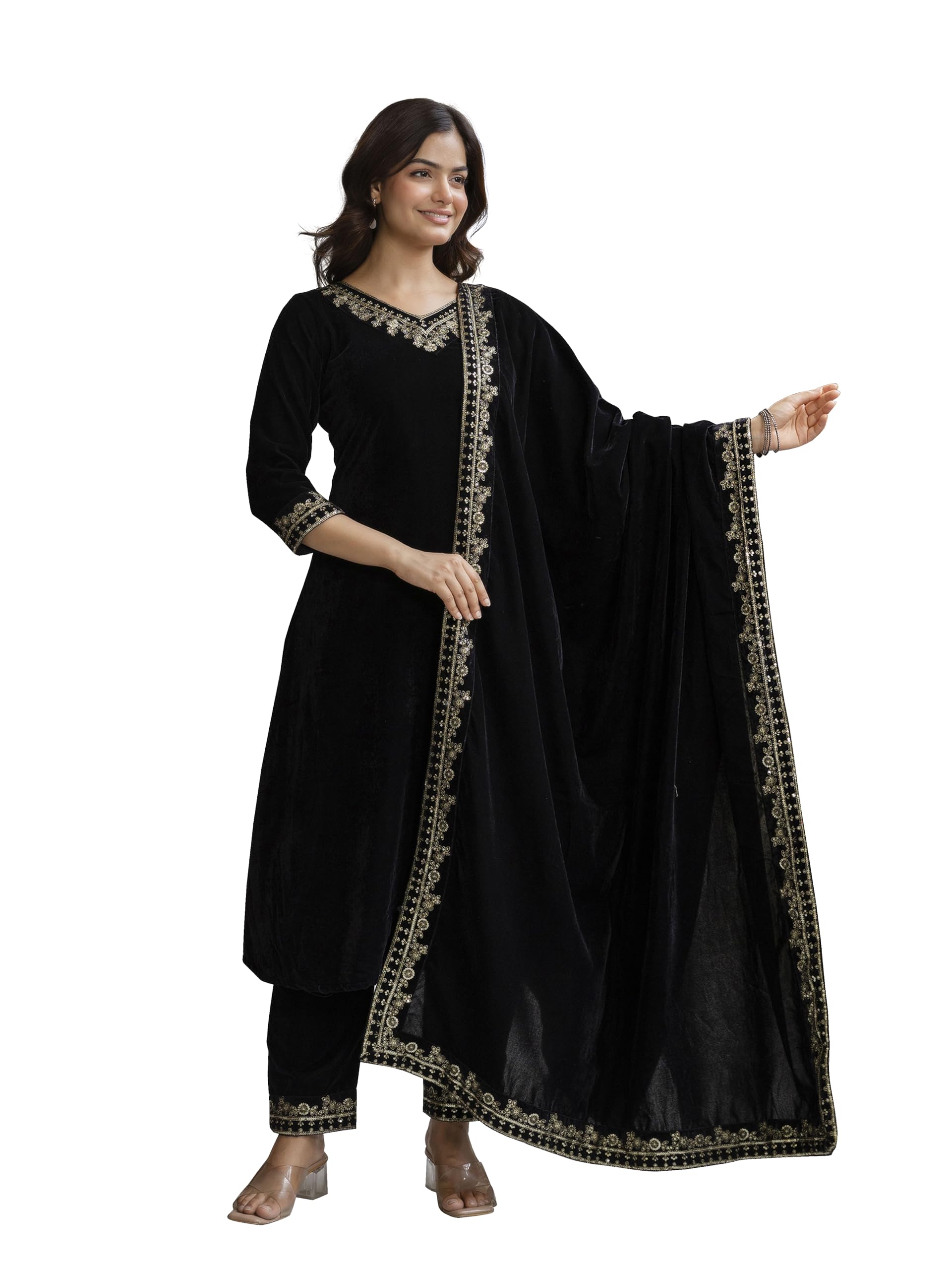 TRENDMALLS Damen Samt Stickerei Salwar Anzug Set A Linie Kurta Hose mit Dupatta Schwarz Kurta Set für Frauen