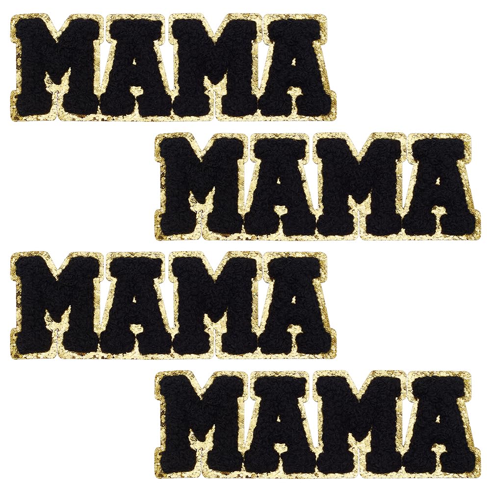 FINGERINSPIRE 4Pcs Black Letter Chenille Patches 45x125mm Mama Letter Iron on Patch Word Mama Sew on Appliques Patches Towel Cloth Computerized Embroidery Appliques for Clothes Dress Hat Jeans DIY