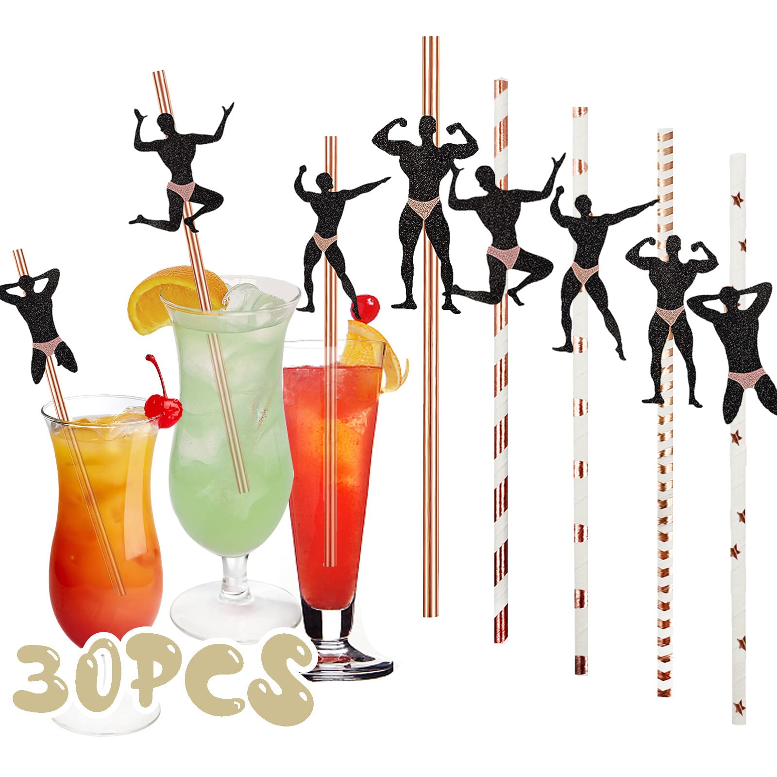 30Pcs Hen Party Naughty Straw, Reusable Rose Gold Confetti Dancing Men Straws, Dancing Men Straws, for Bachelorette Party Decorations Valentine's Day Party Decoration Hens Girls Night Wedding