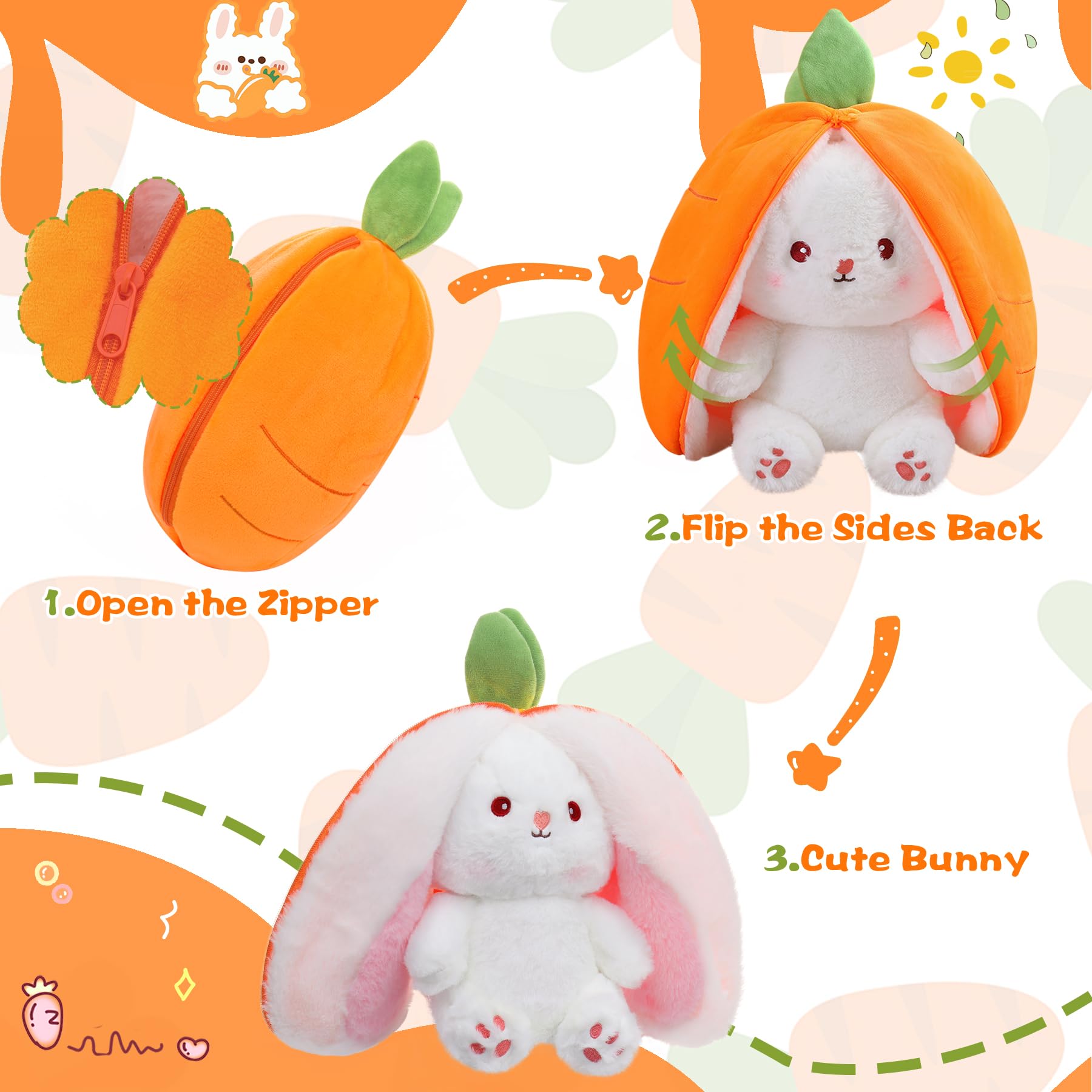 MIAODAM Reversible Carrot Bunny Stuffed Animal, Carrot Rabbit Ears