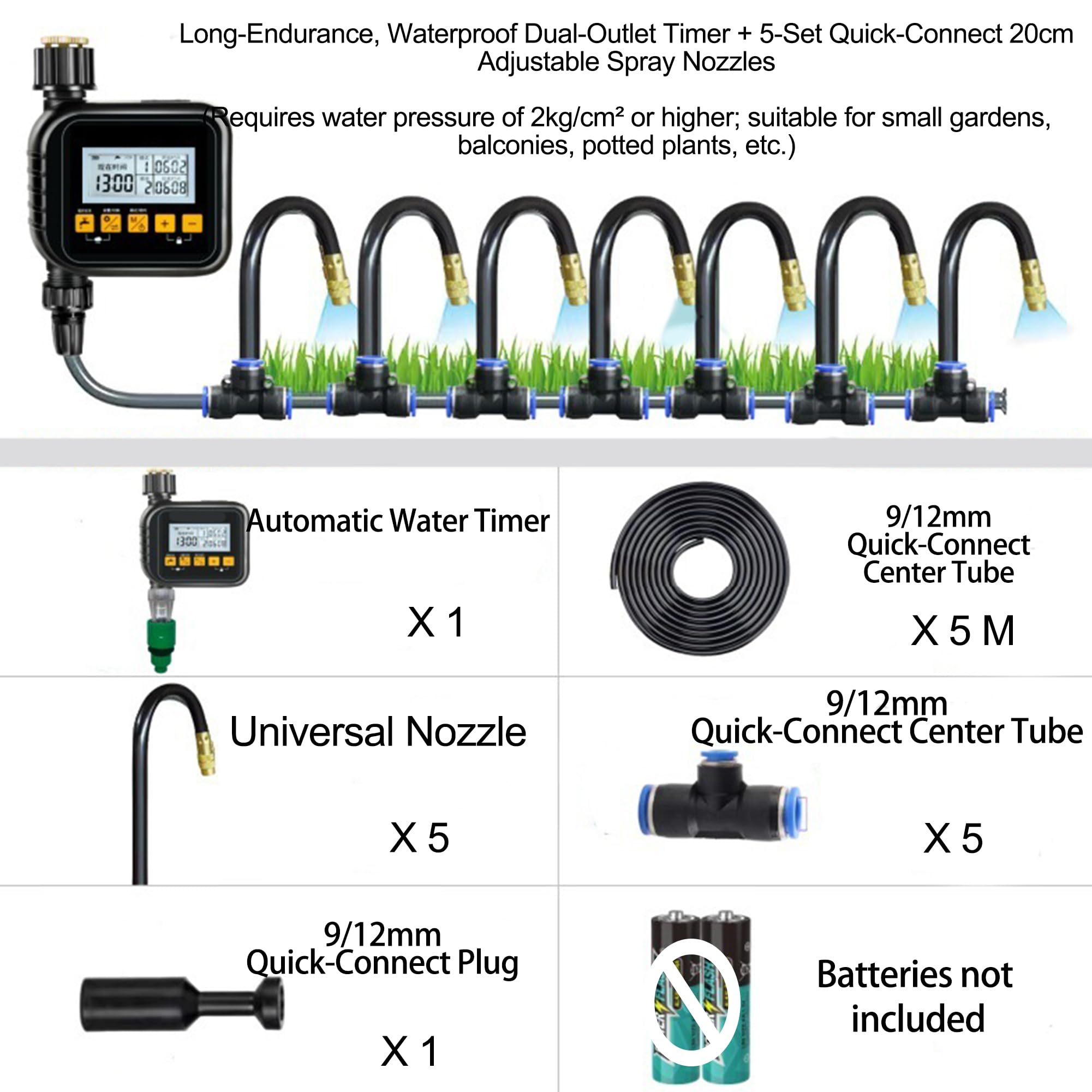 Wasser-Timer & Schlauch-Timer, Gartenbewässerung, Bewässerungssystem für Balkon- und Hof-Pflanzen — Automatischer Pflanzenbewässerer mit Timer 5m+5 Sets of Universal Spray Nozzles