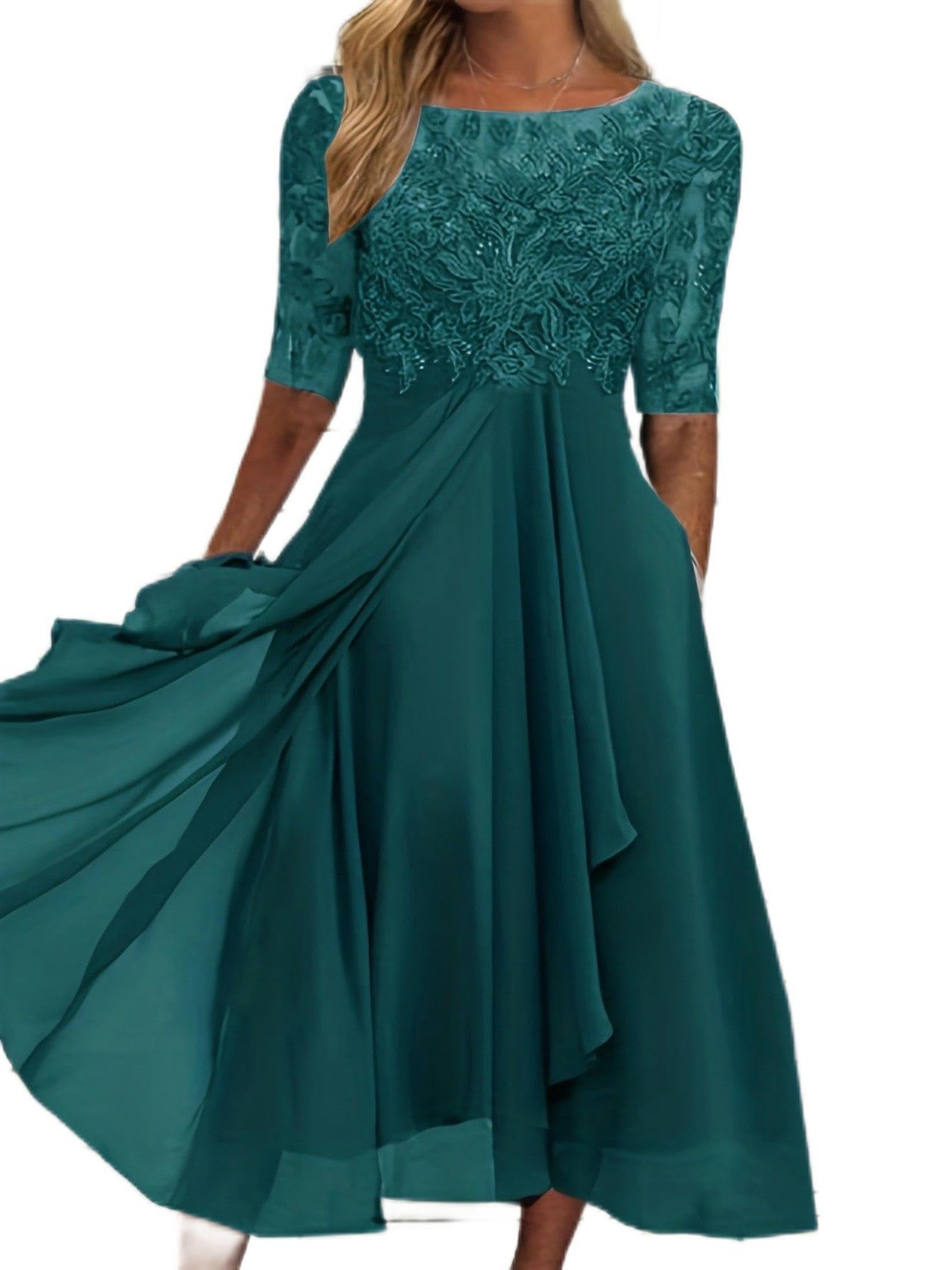 WEITING Brautjungfer Abendkleid Spitze halbärmelig Chiffon Kleid Lila