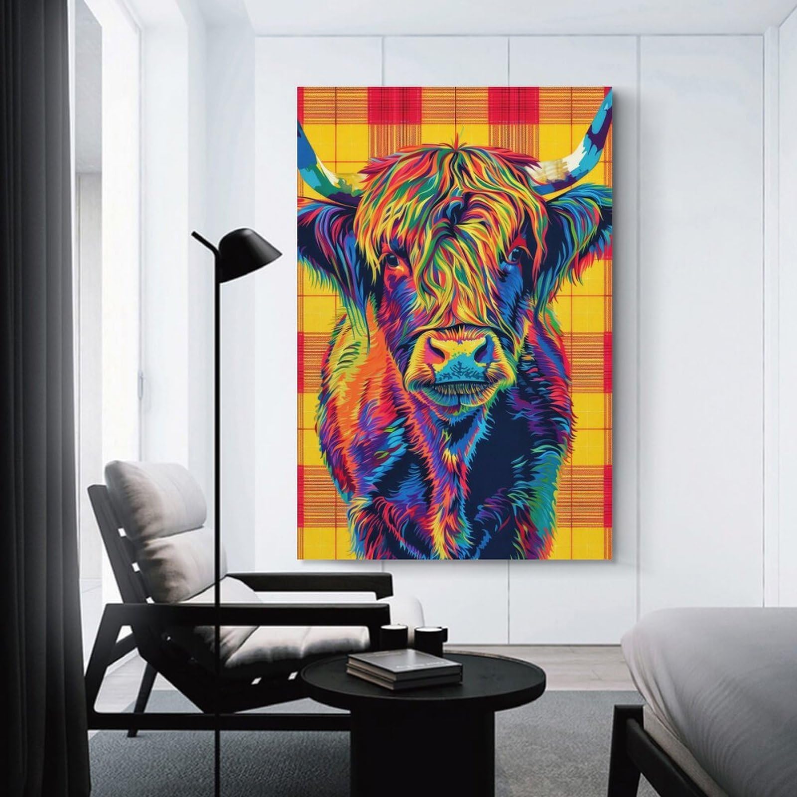 Junmoney Unframe-Style-14-1 Tartan Highland Cow Canvas Wall Decor, 24X36inch(60X90cm), For Flats, Guest Rooms Or Compact Rooms, Decorative Canvas Decor For Home Updates