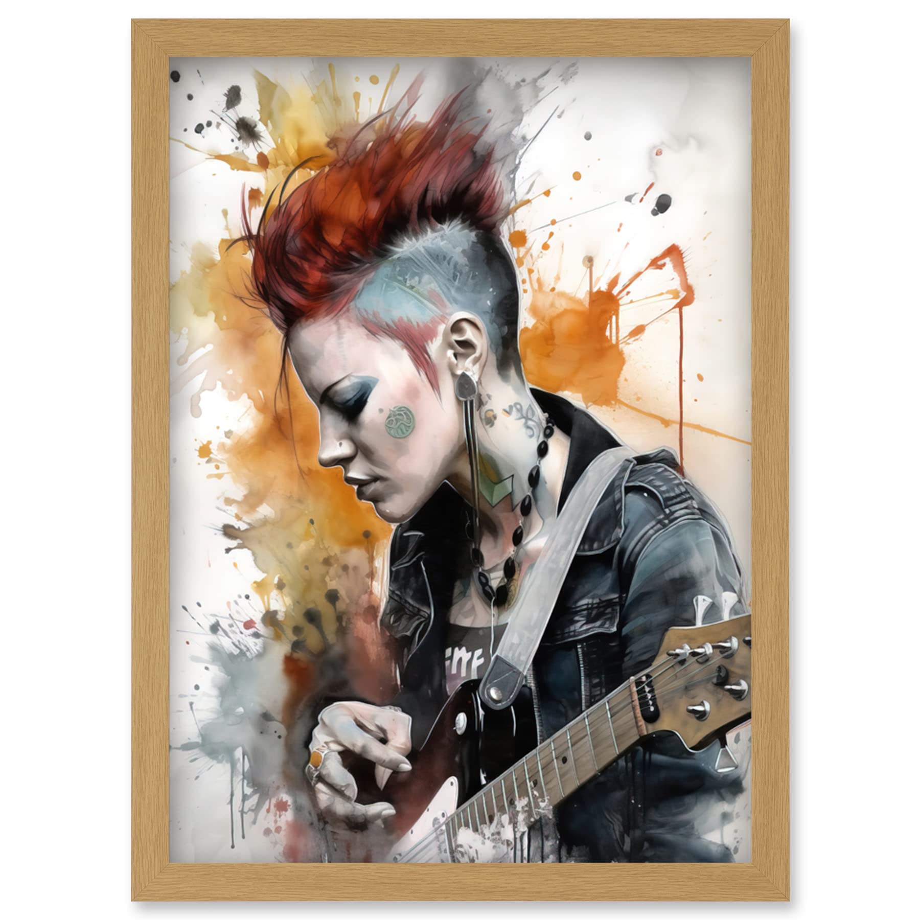 Edgy Young Punk Woman Mohawk and Electric Guitar Framed Art Picture Print A4