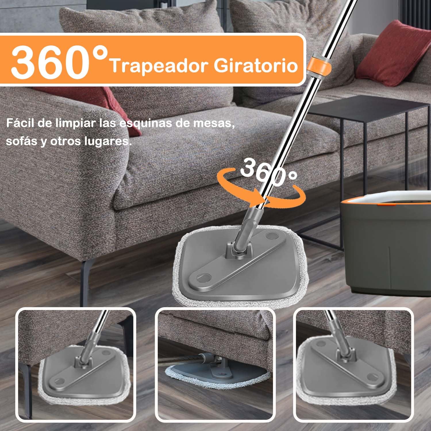 Juego de Fregona Giratoria y Cubeta con 6 Almohadillas de Reemplazables de Microfibra con Sistema de Separación Automática de Agua Sucia y Limpia Cabeza de Fregona Giratoria Autoescurrido