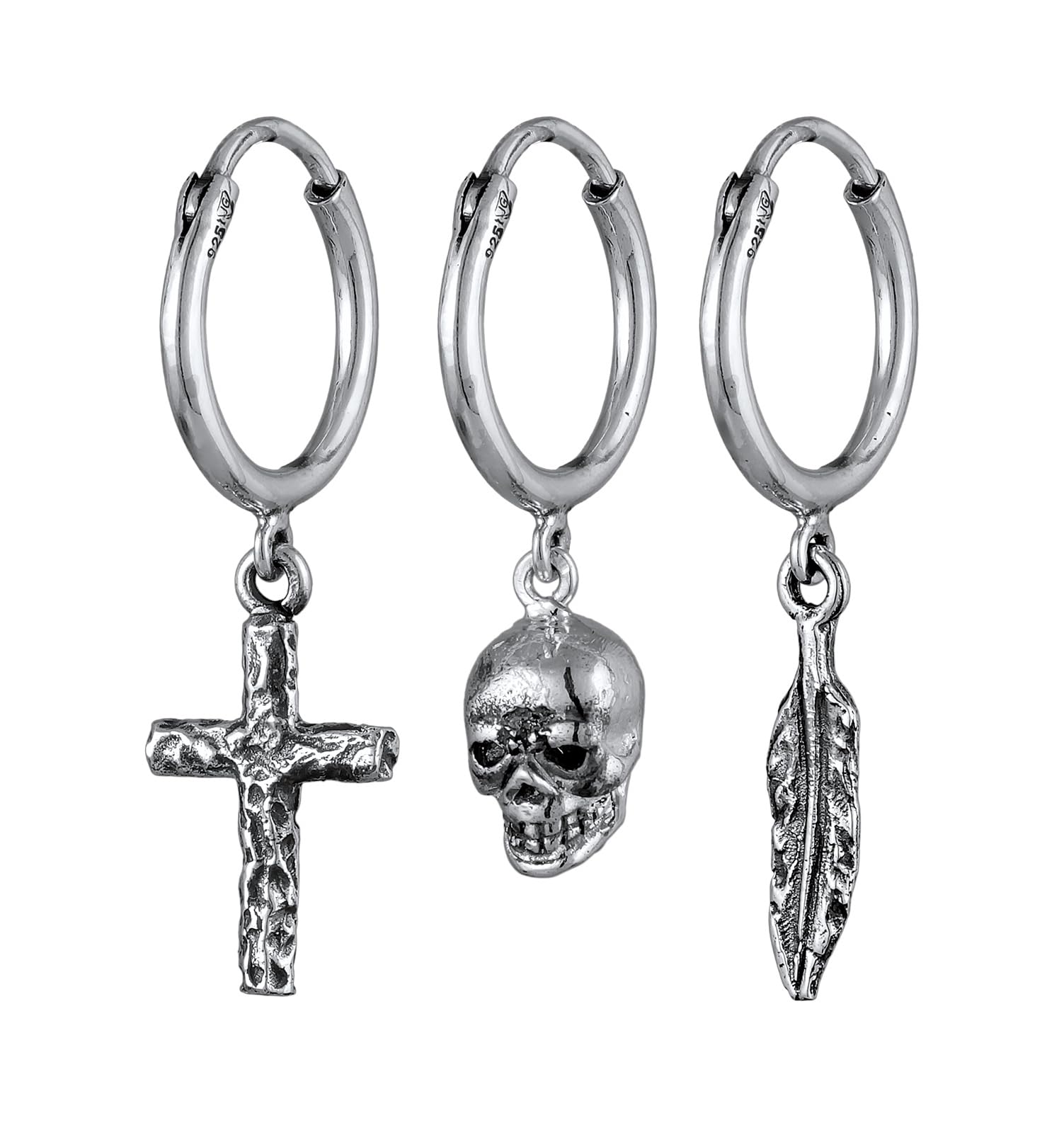 Kuzzoi Herren-Ohrringe Creolen Set (13 mm) oxidiert aus 925 Sterling Silber für Männer mit Kreuz, Totenkopf und Feder Anhänger
