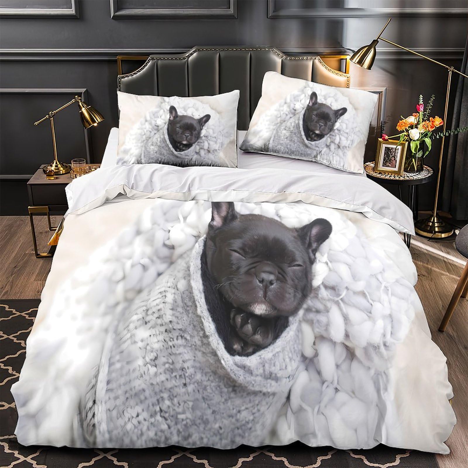 Housse de couette chiot mignon 3D lit king confortable et hypoallergique