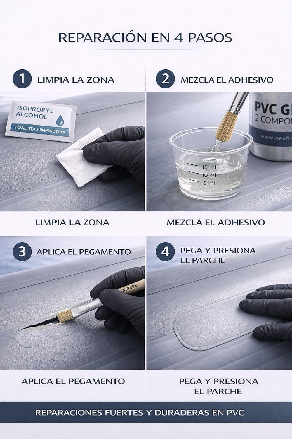 Kit Riparazione PVC Professionale – Colla PVC Bicomponente per Gommoni, SUP, Kayak e Gonfiabili – Include Toppe, Pennello, Bicchiere, Guanti e Salvietta