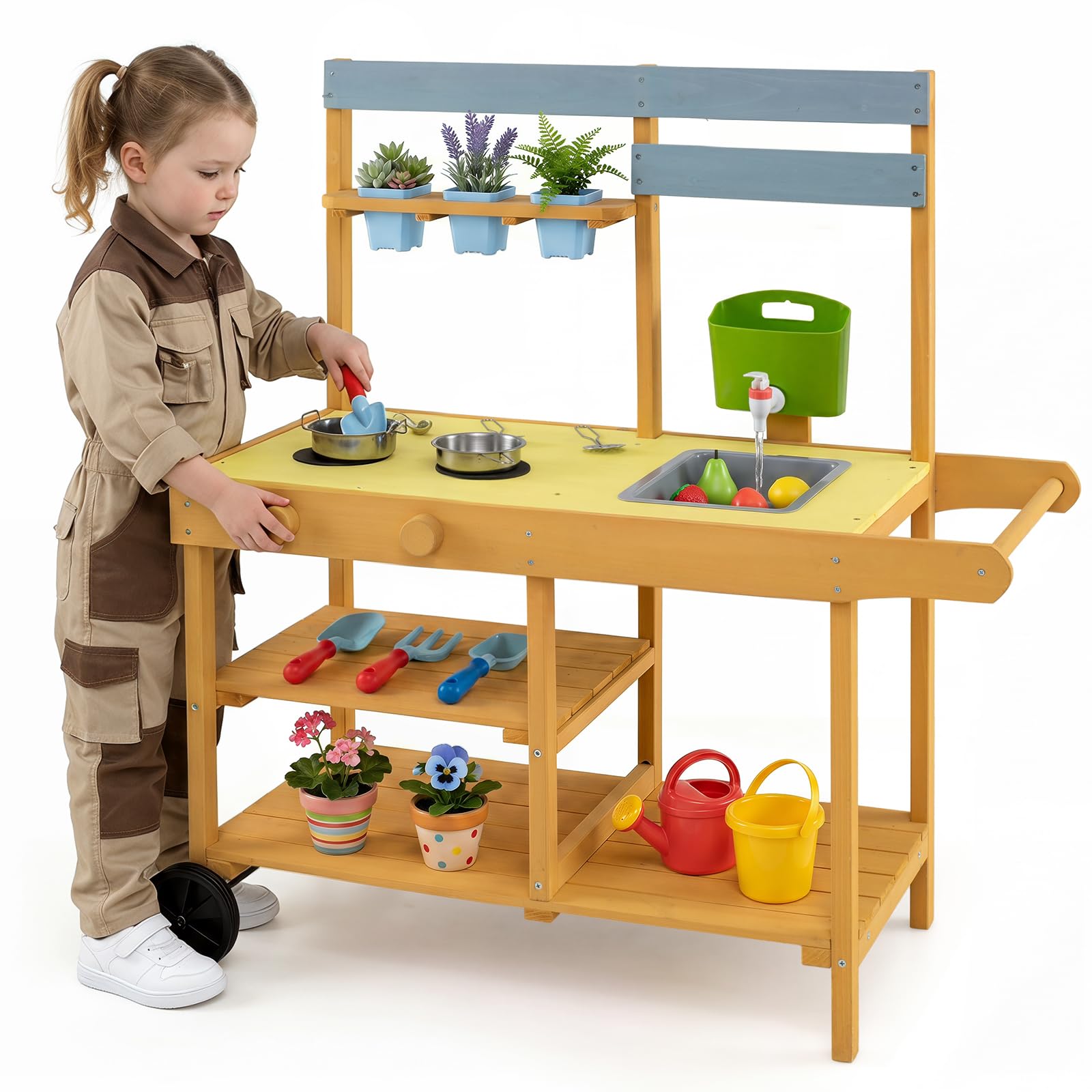 COSTWAY Matschküche Kinder Outdoor, Spielküche mit Wassertank & Wasserhahn | Kinderküche mit Rädern, Spüle, 3 Blumentöpfen, Herd & Kochzubehör, Gartenspielküche für Kinder ab 3 Jahren