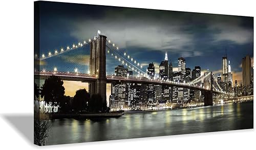 Brooklyn Bridge - Lienzo decorativo para pared, luces y reflejos de horizontes en Nueva York