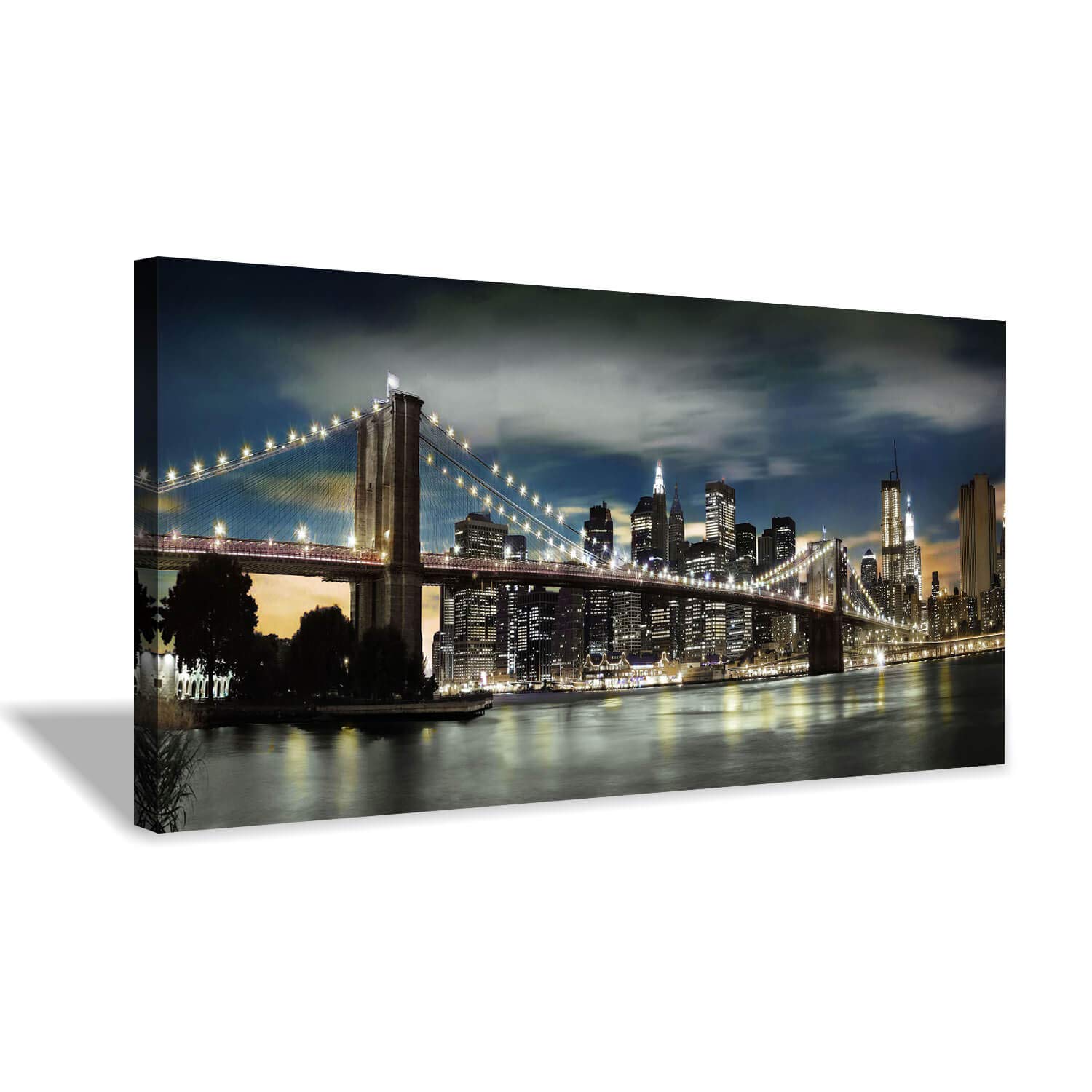 Brooklyn Bridge Canvas Wall Art: Skylines Lights & Reflections in New York Artwork for Decor