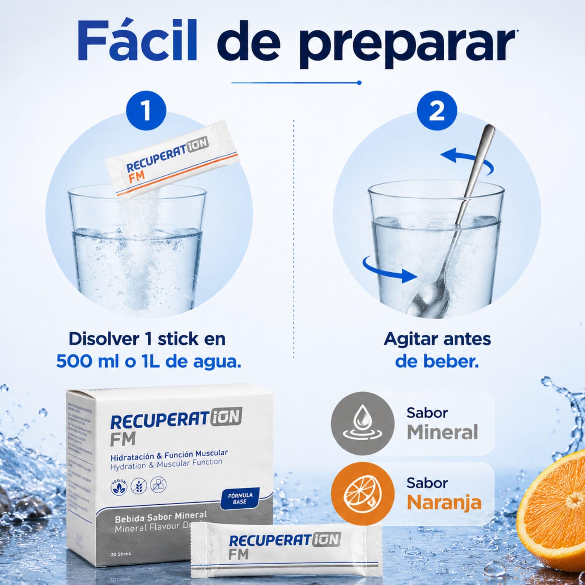 Lot de 20 sachets de boisson hypotonique sans sucre avec électrolytes + sels minéraux et magnésium pour reminéralisation musculaire profonde et fatigue, goût orange, sans gluten ni lactose