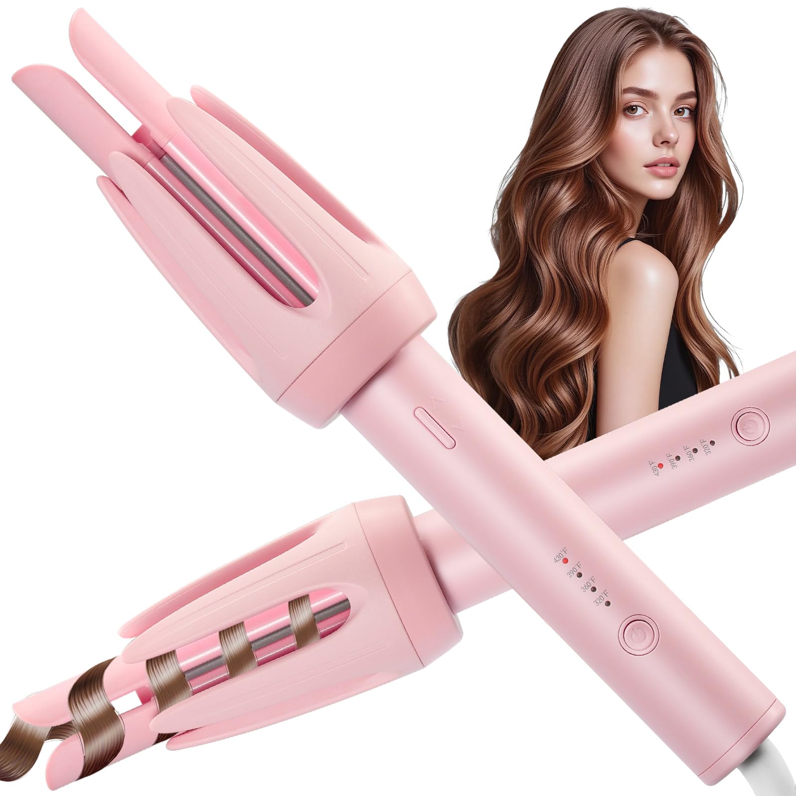 Automatic Curling Iron, Curloni 1.2 Inch Rotating Hair Curler for Long Hair, Pink Ceramic Wand Curling Iron with 4 Temps & Anti-Scald Design, Dual Voltage Automatic Hair Curler for Beginners