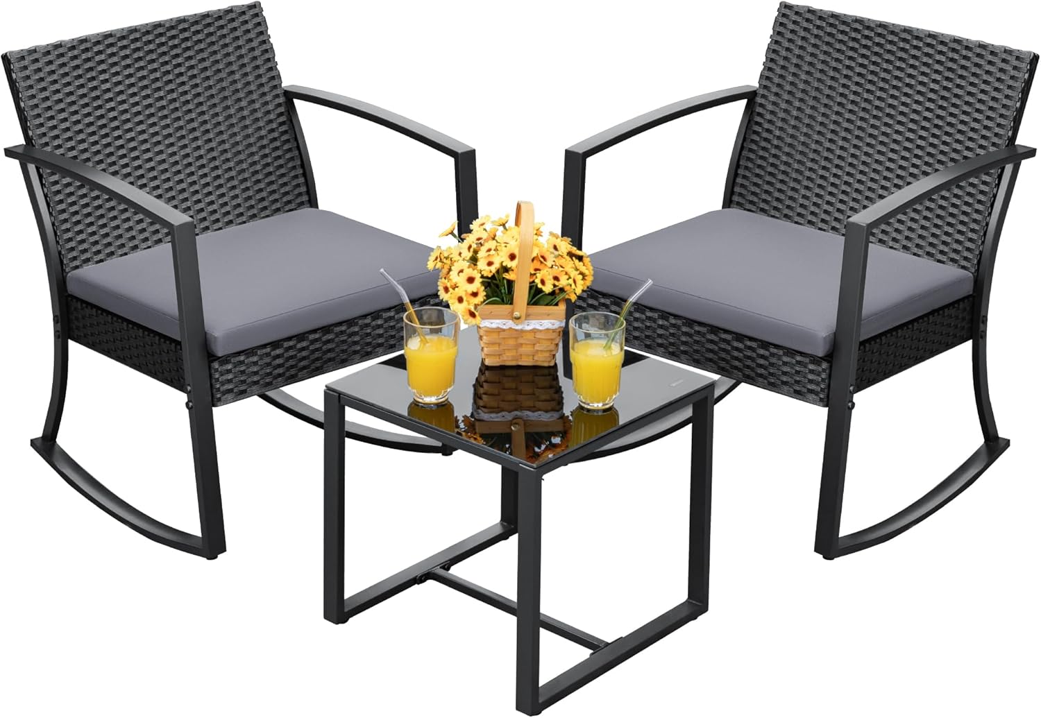 Devoko Resin Patio Furniture Set 3 Piece All Weather Outdoor Rocking Chairs with Cushions and Coffee Table for Bistro Balcony Porch (Gray)