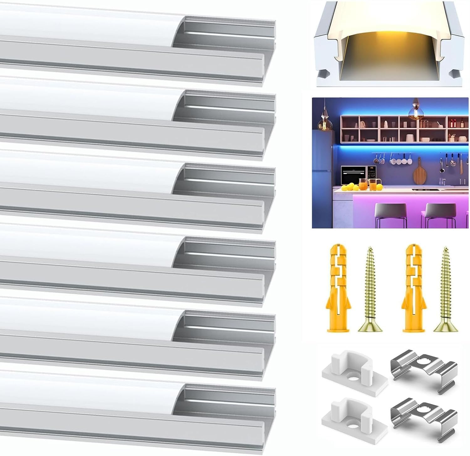 LED Aluminium Profil 6 x 1M für LED Streifen, U-Profil Aluschiene mit Milchiger Abdeckung, LED Strip Kanal inkl. Endkappen, Montageclips & Schrauben, Aufputz LED Schiene - Ideal für Küche & Möbel