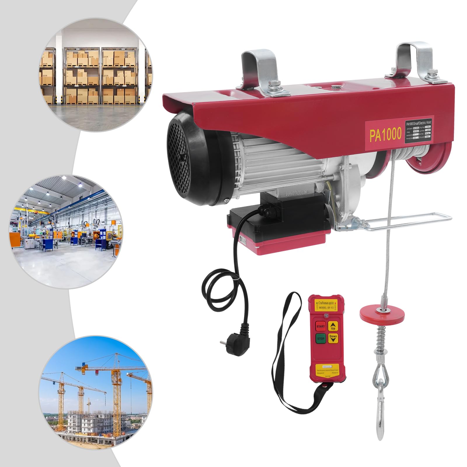 Verricello elettrico con telecomando 1800W paranco a fune/catena, 12m altezza di sollevamento con una fune 500KG, 6m altezza di sollevamento con due funi 1000KG