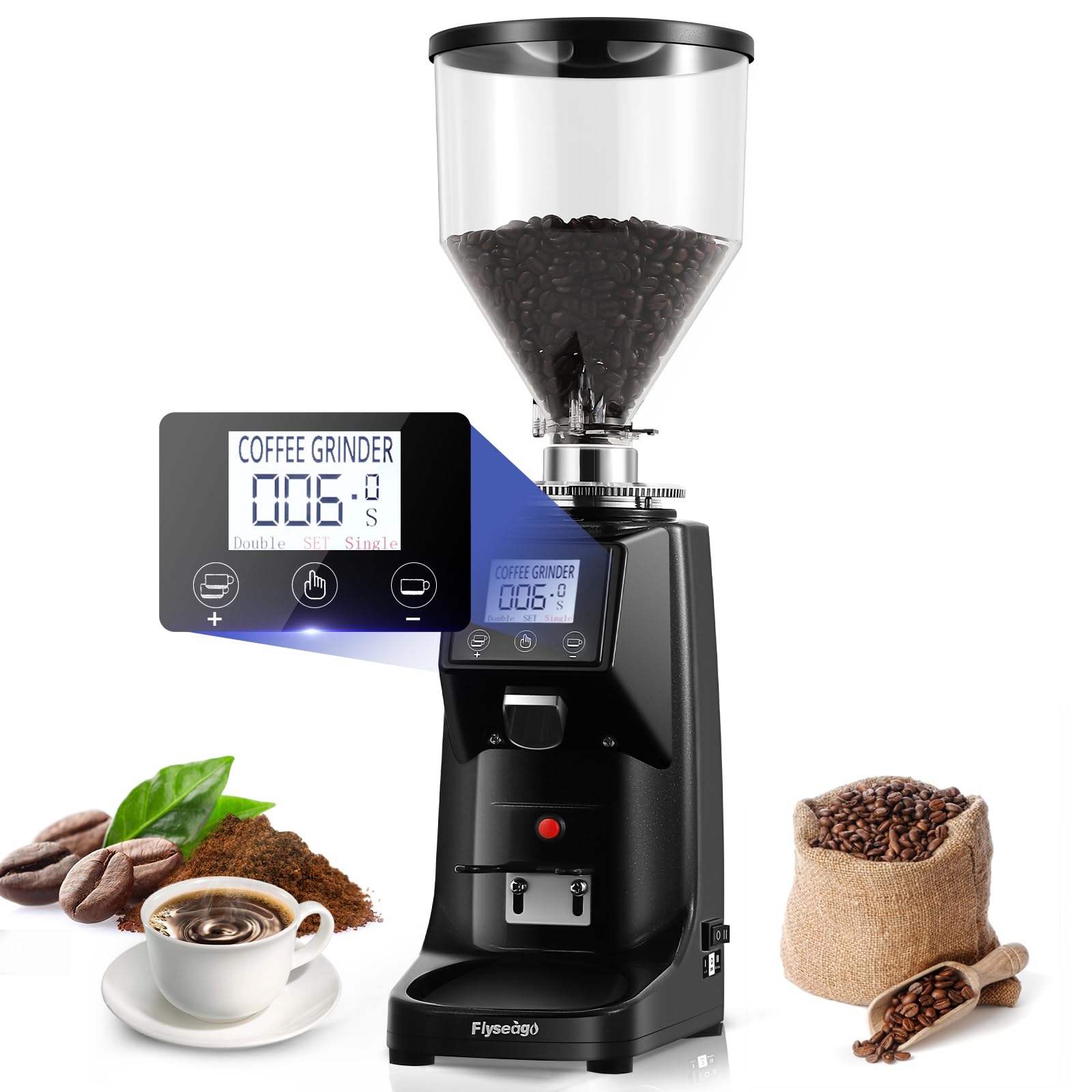 Photo 1 of Flyseago Commercial Coffee Grinder Electric - 64mm SS Flat Burr, Digital Touch Screen, 19 Adjustable Settings, 35oz Large Hopper, Black