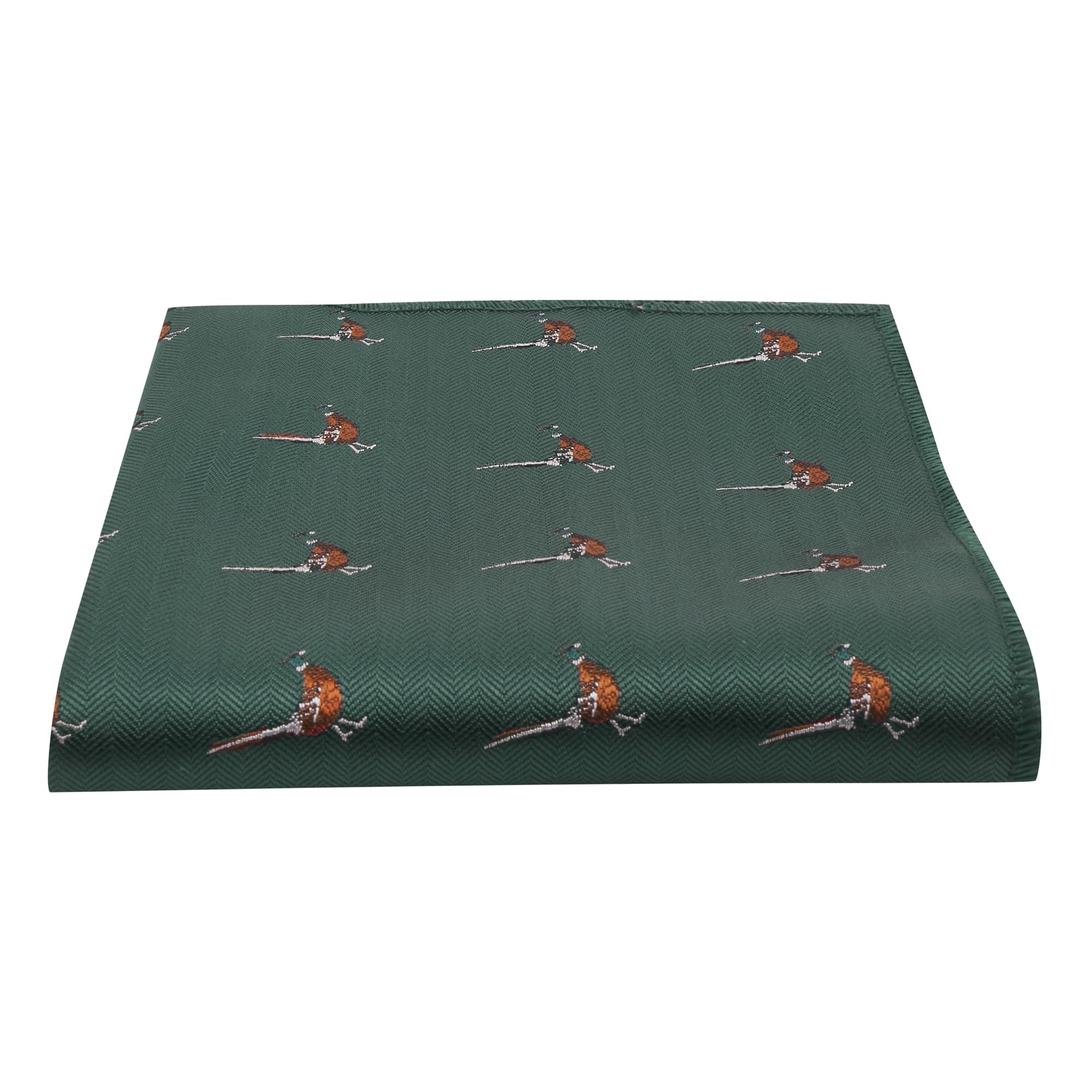 King & Priory Dark Green Herringbone Embroidered Pheasant Pocket Square, Handkerchief