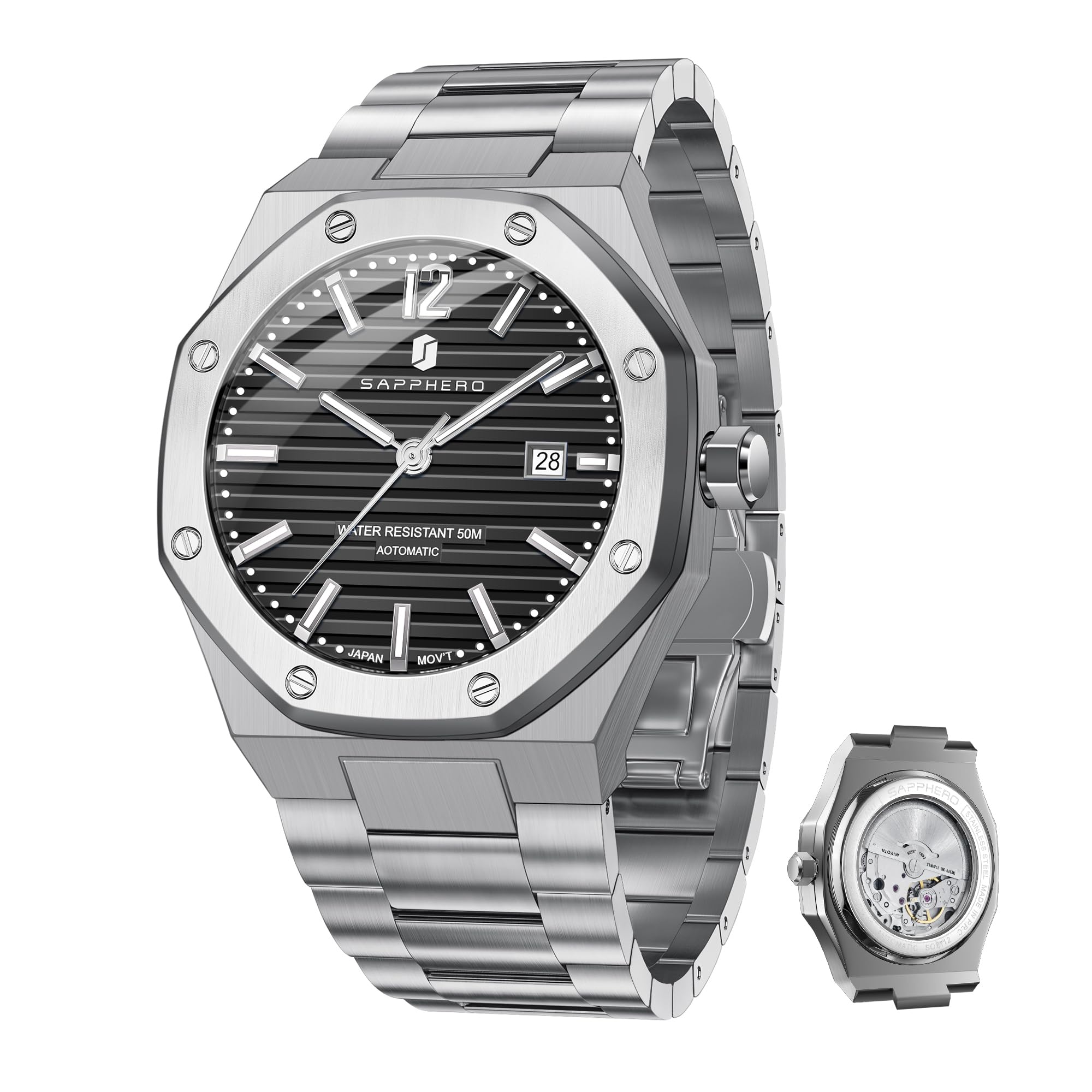 SAPPHERO Men's Automatic Watch for Men Stainless Steel Waterproof Luminous