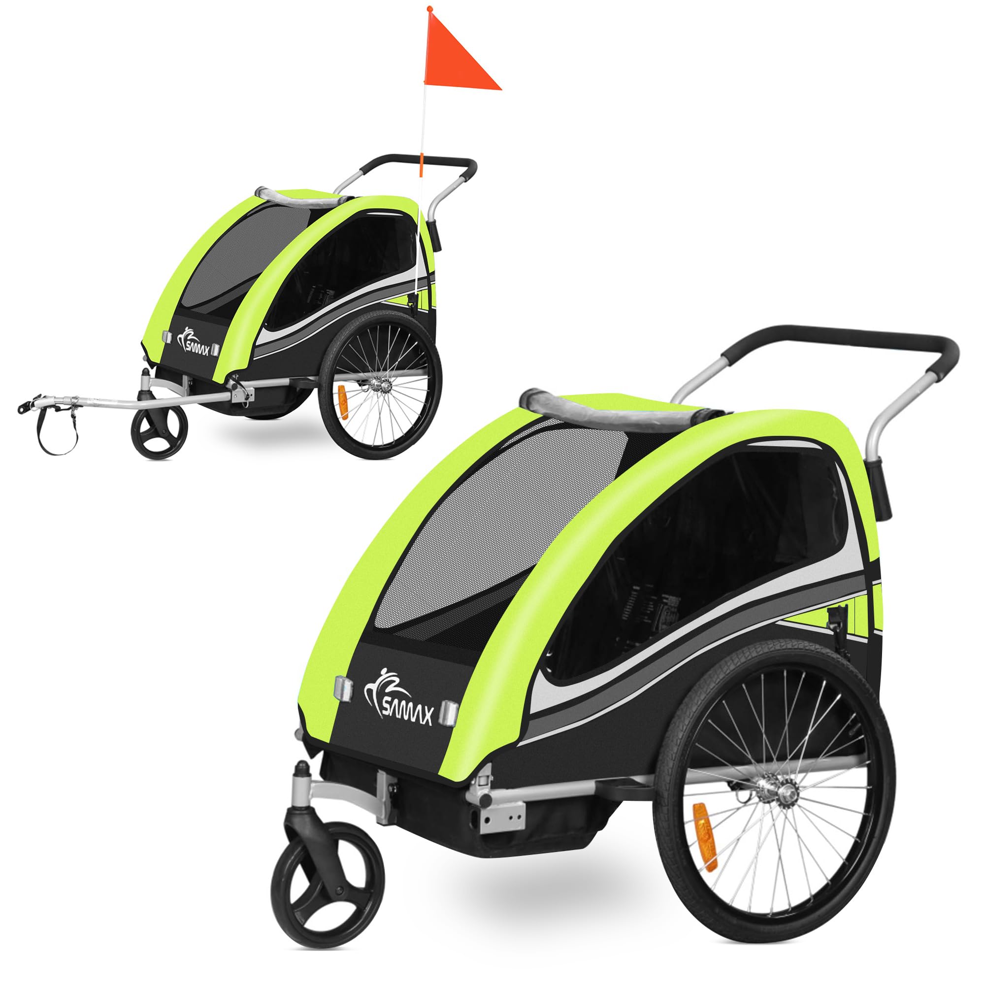 SAMAX Remolque de Bicicleta para Niños 360° girable Kit de Footing Transportín Silla Cochecito Carro Suspensíon Infantil Carro en Verde - Black Edition