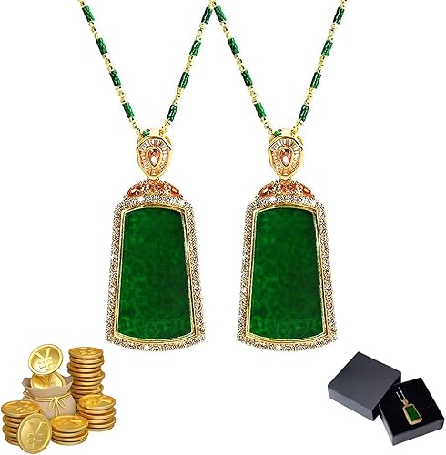Quiet Mountain Longevity Jadeíta Escudo de Paz, cuadrado esmeralda dorado borde Feng Shui riqueza, collar con colgante de jade verde buena suerte